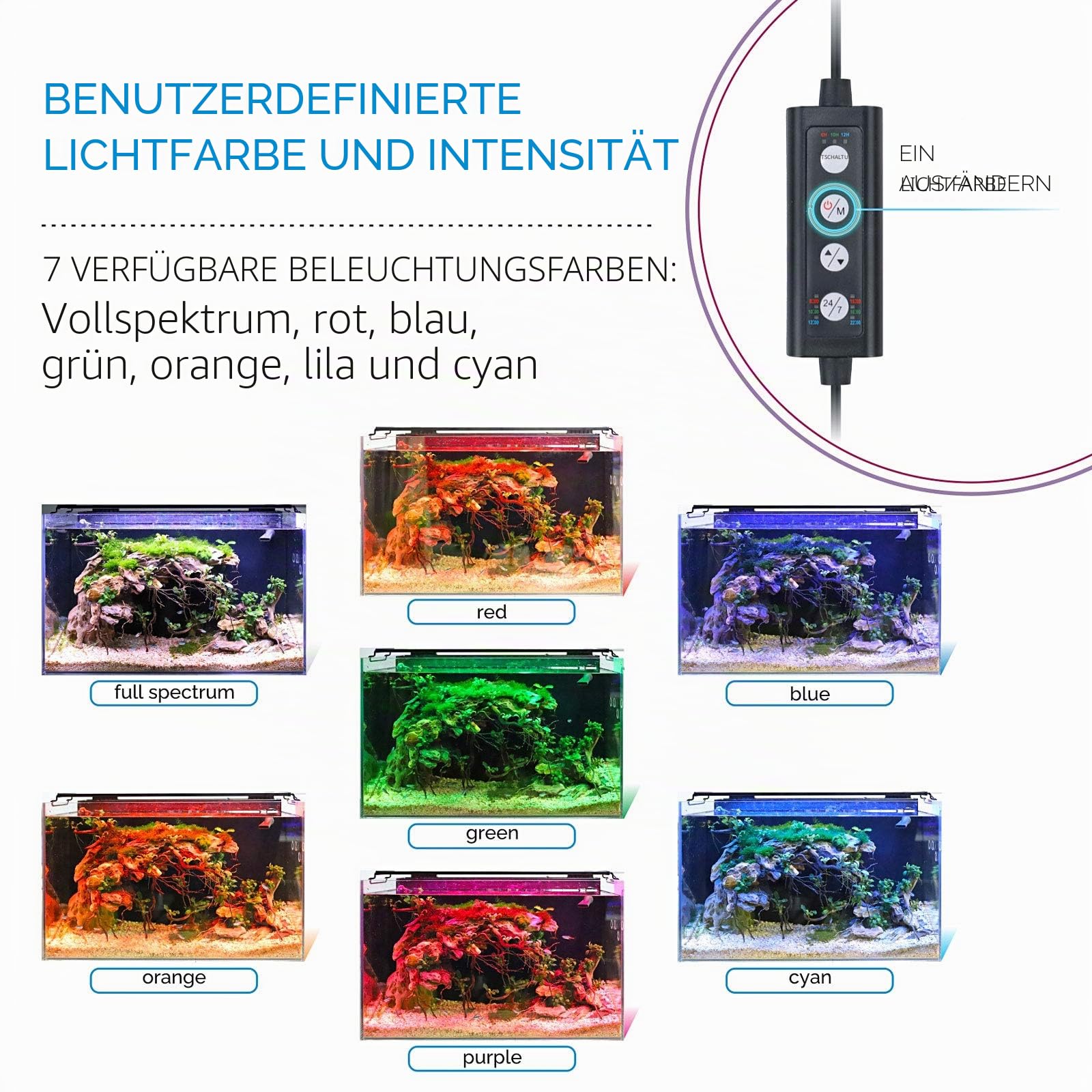 hygger Aquarium Beleuchtung Zyklus 24/7 Aquarium licht mit Timer,26W Vollspektrum Aquarium LED Beleuchtung Lampe mit Ausziehbarer Halterung,7 Farben,Sonnenaufgang-Tageslicht-Mondlicht