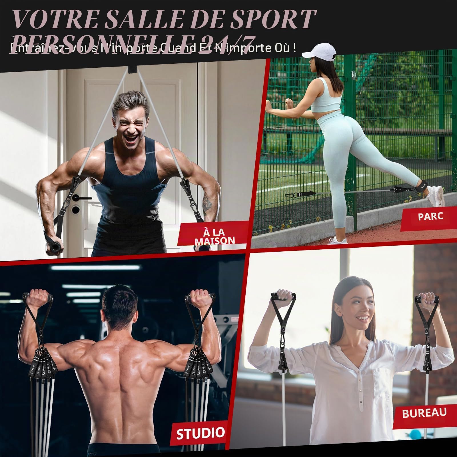 Bande Élastique Fitness, Elastique Musculation Bandes de résistance Lot de 5- avec poignées Sangles de Cheville et Ancre de Porte - Kit Complet de Fitness pour Musculation Pilates, Yoga, Gym