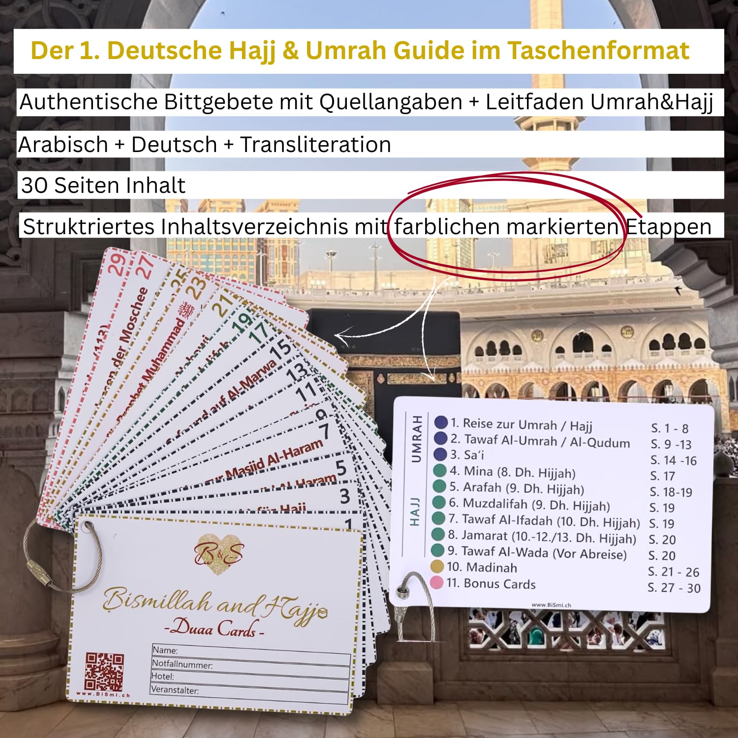 Bismillah and Hajj Duaa Cards & Guide per Hajj e Umrah con Supporto per Badge Argento