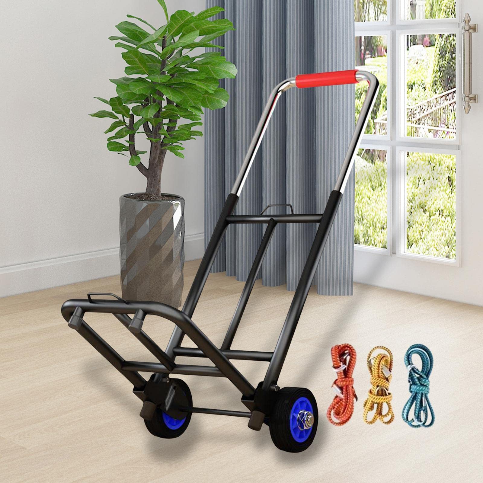 Carro de Equipaje Plegable con Mango Telescópico y Ruedas Suaves Estructura Metálica Resistente Altura Regulable para Facilitar el Transporte, Tubo25mmRueda de Goma, Individual