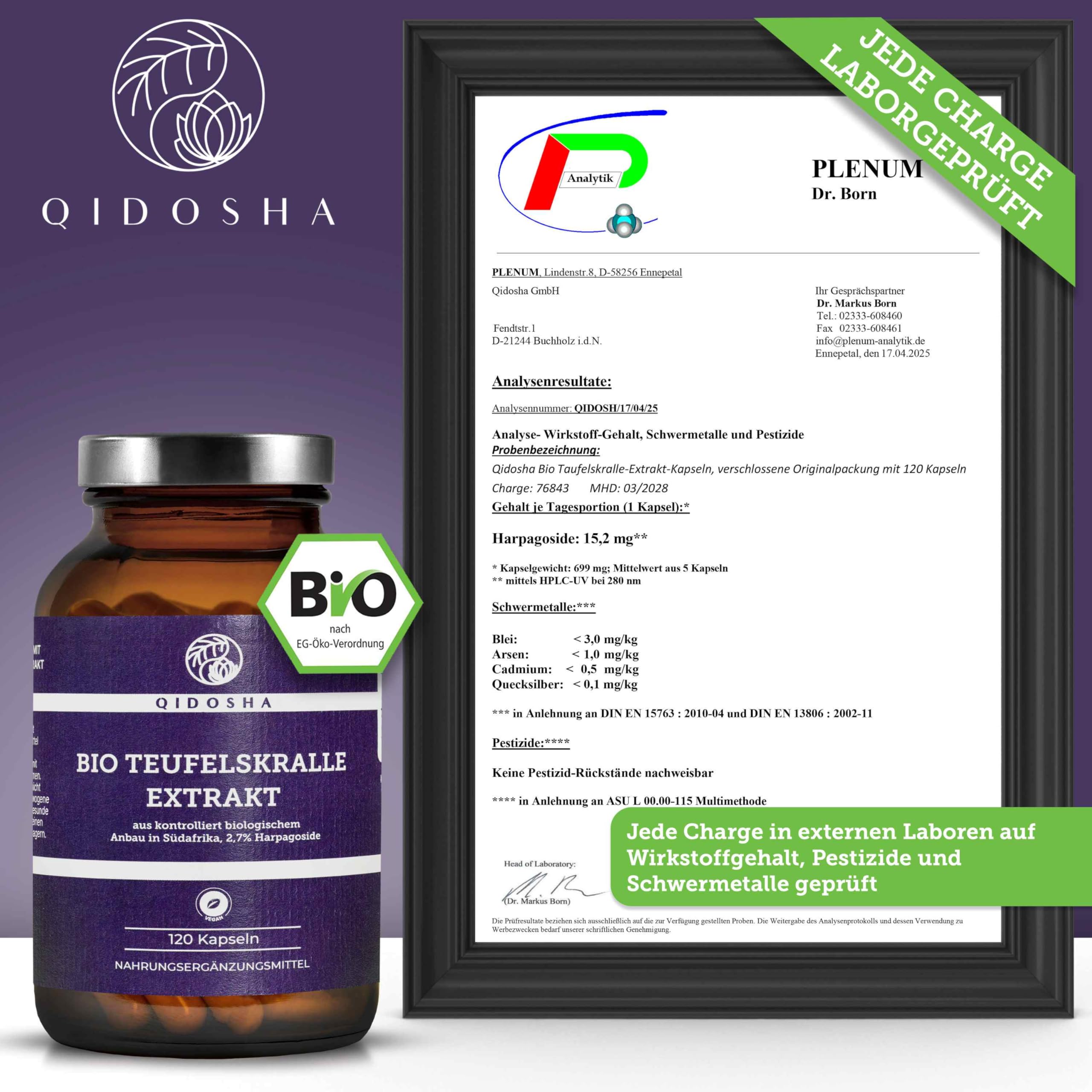 QIDOSHA® Bio Teufelskralle Extrakt Kapseln, 120 Kapseln im Apothekerglas, Rohmaterial in Bio-Qualität aus Südafrika, deutsche Fertigung, jede Charge laborgeprüft
