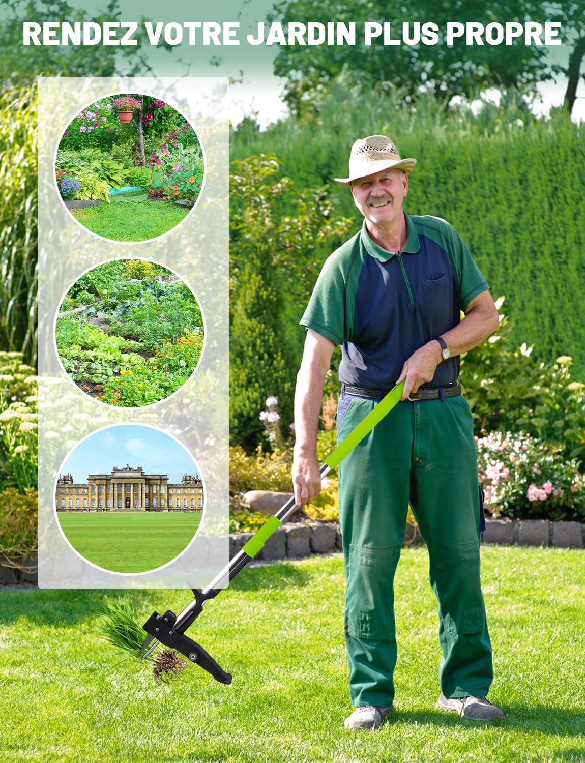 YISSVIC Désherbeur Manuel Arrache Mauvaise Herbe avec Pédale 4 Griffes Acier Inoxydable Long Manche Outil de Désherbage Solide pour Jardin Vert