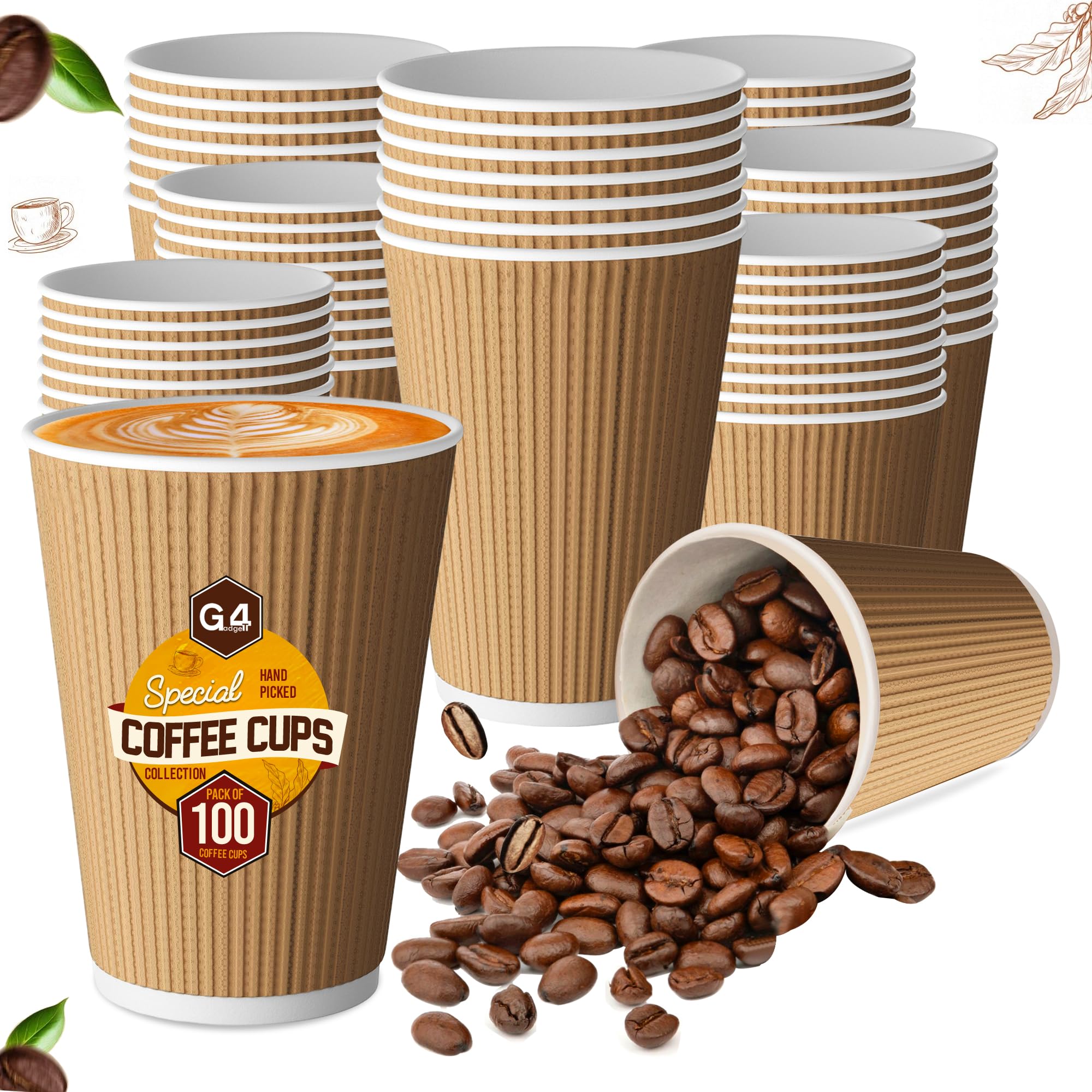 G4GADGET 12oz (340ml) Kraft Disposable Coffee Cups - 100 Pack - Premium Heavy Duty Ripple Paper Cups - No Lids - Hot Drink Cups for Coffee, Tea, Espresso, Takeaway, Catering, Office, Events
