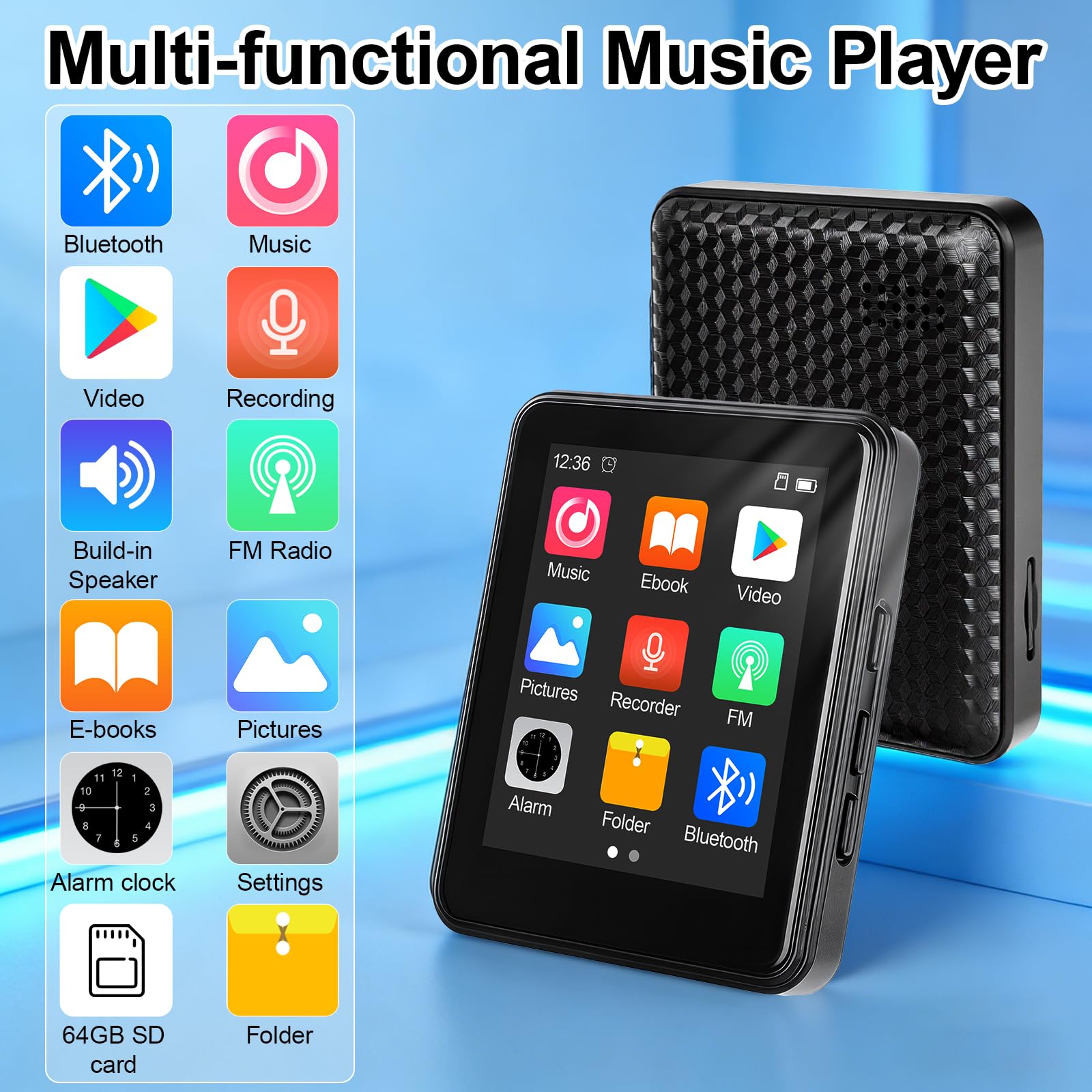 64GB MP3 Player Bluetooth 5.2 - MP3-Player 2.4" Full Touchscreen Tragbarer MP3 Player mit Lautsprecher HiFi-Klang eingebauter Aufnahme FM-Radio, Kann auf 128 GB erweitert Werden kindergerecht