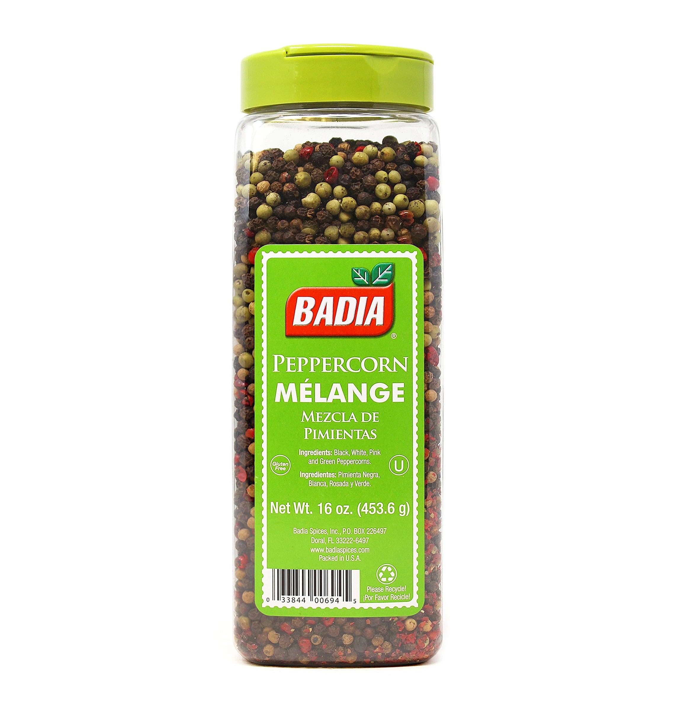 Badia Whole Peppercorn Blend, 16 Oz – Black, White, Green & Pink Pepper Melange for Spicy, Fruity, Woody Flavors - Gluten Free