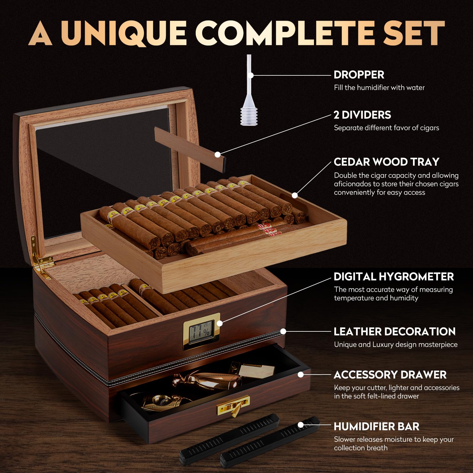 Humidor in Cedro per 75 Sigari, Igrometro, Finitura Noce | Cedro spagnolo, vetro temperato, igrometro, umidificatore, 2 divisori e cassetto accessori in feltro; fino a 75 sigari