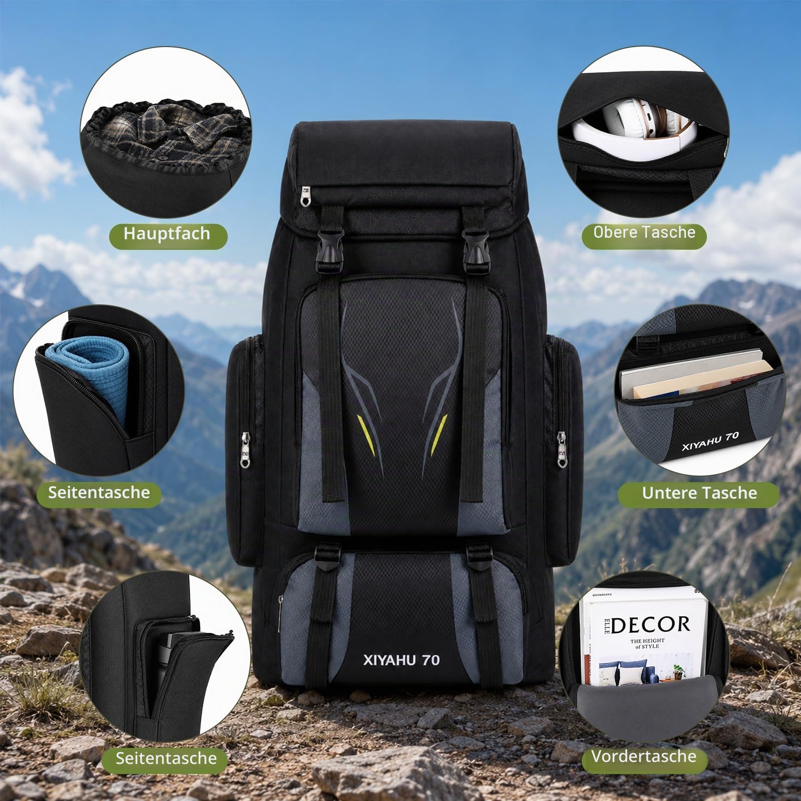 70L Campingrucksack Wanderrucksack Herren Damen Großer Trekkingrucksack Reiserucksack Wasserdicht Wandern Taktischer Rucksack mit Regenhülle für Camping Trekking Mountainering Outdoor Reisen