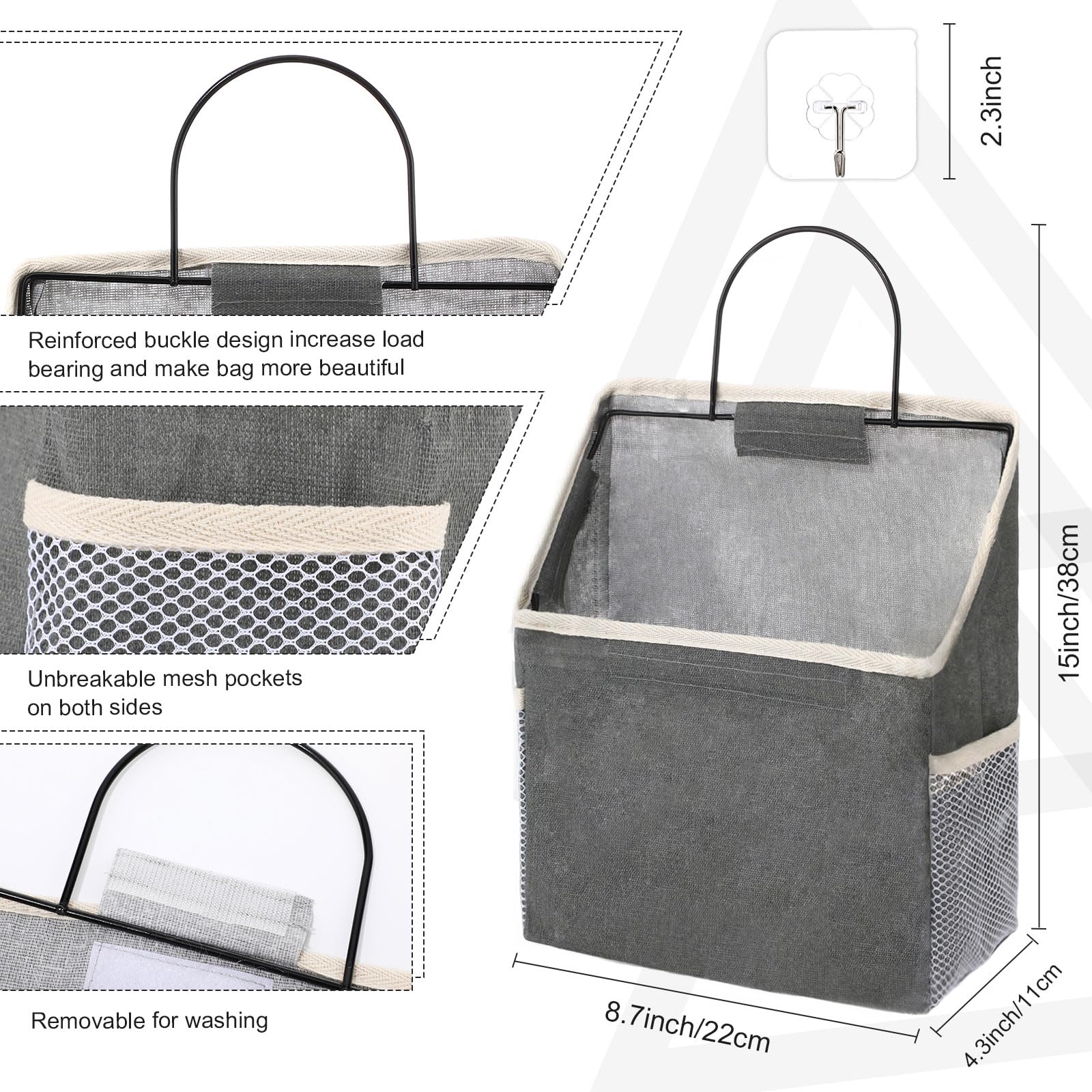 Woanger 12 bolsas de almacenamiento para colgar en la pared, bolsa organizadora para colgar en la puerta, armario, contenedores con ganchos para dormitorio, baño, 15 x 4.3 x 8.7 pulgadas (blanco, gris