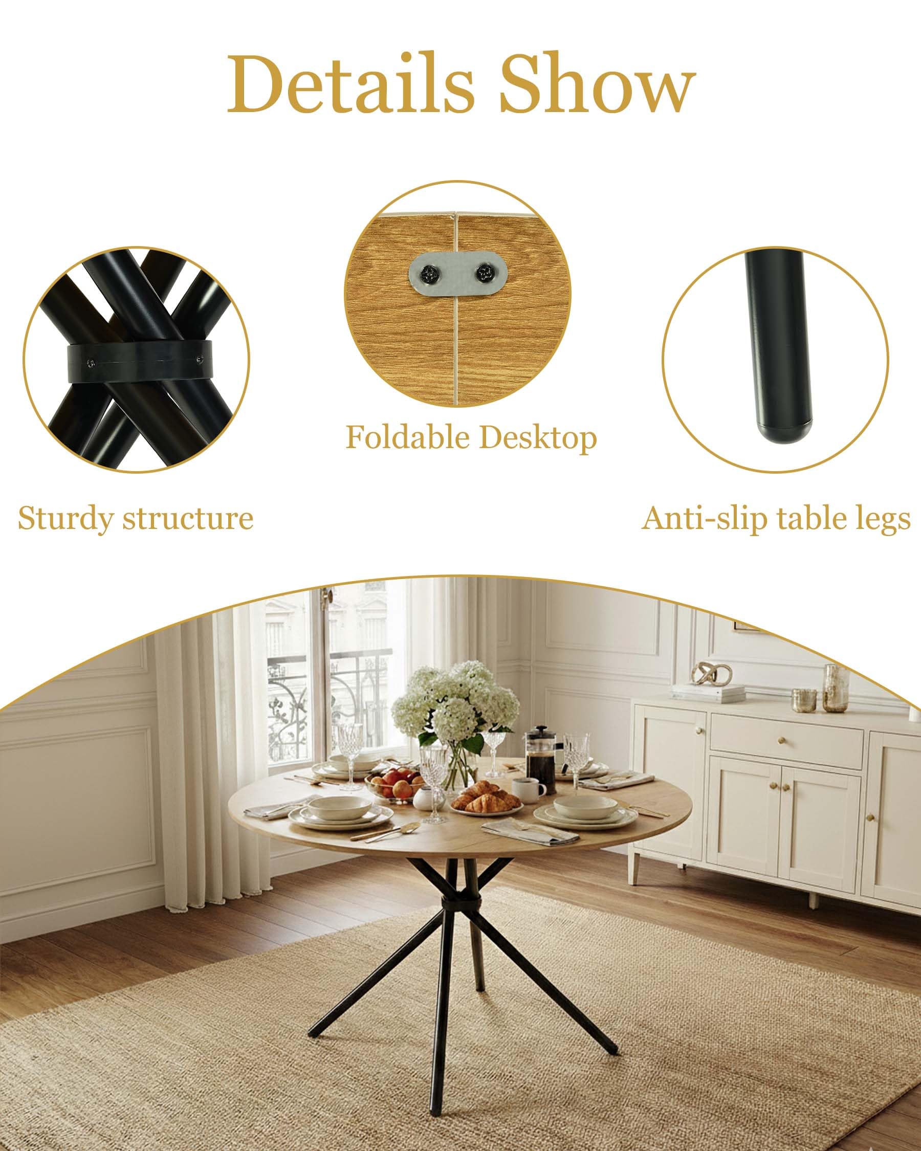 Esstisch Rund 120 cm Esstisch Holz in Holzoptik Eiche Runder Küchentisch für Esszimmer Modern Esszimmertisch mit Metallbeinen Großer Holztisch für 4 bis 6 Personen Wohnzimmer Tisch