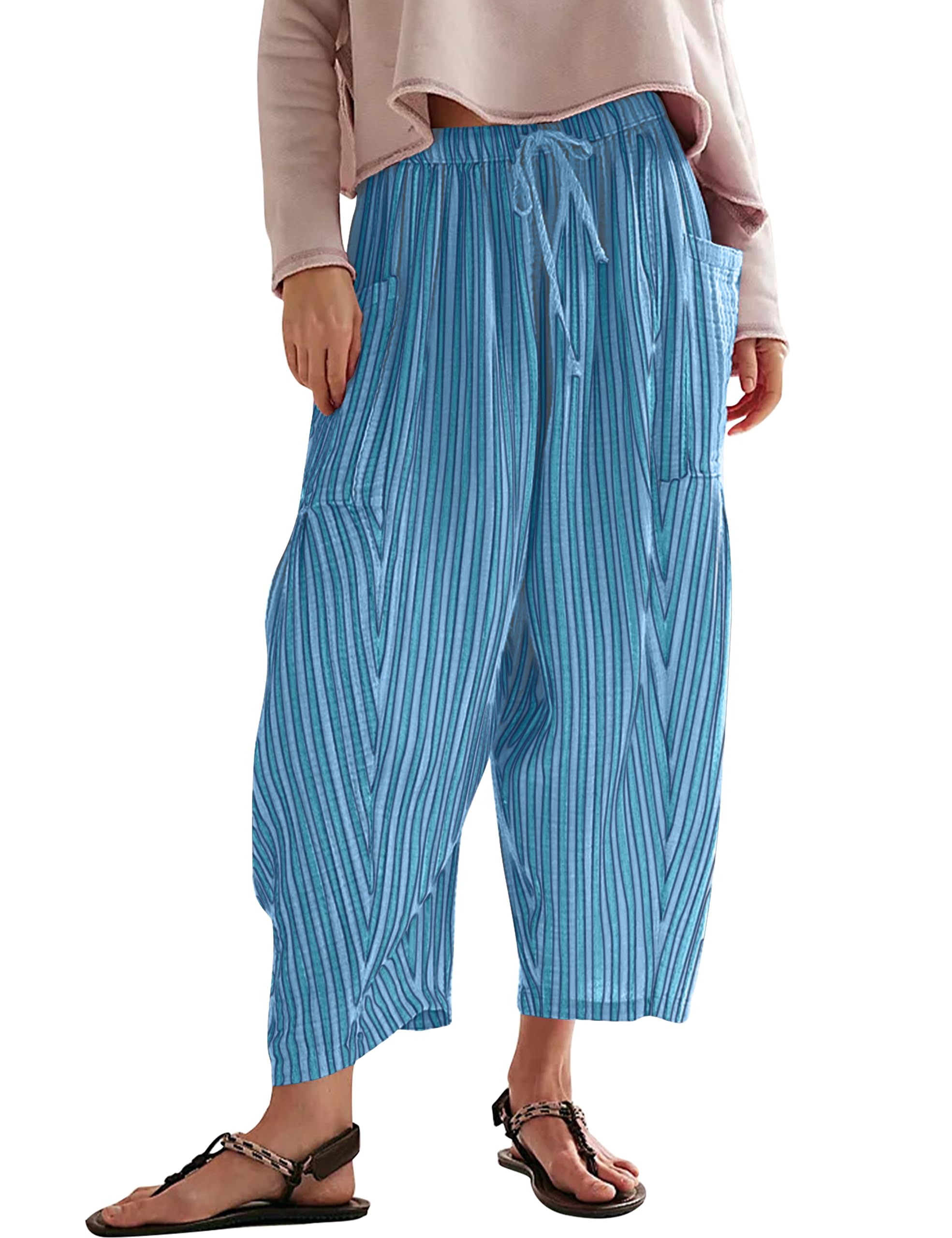 Women Summer Striped Harem Pants Casual Baggy Wide Leg Tapered Trousers Drawstring Waist Palazzo Pants with Pockets Blue