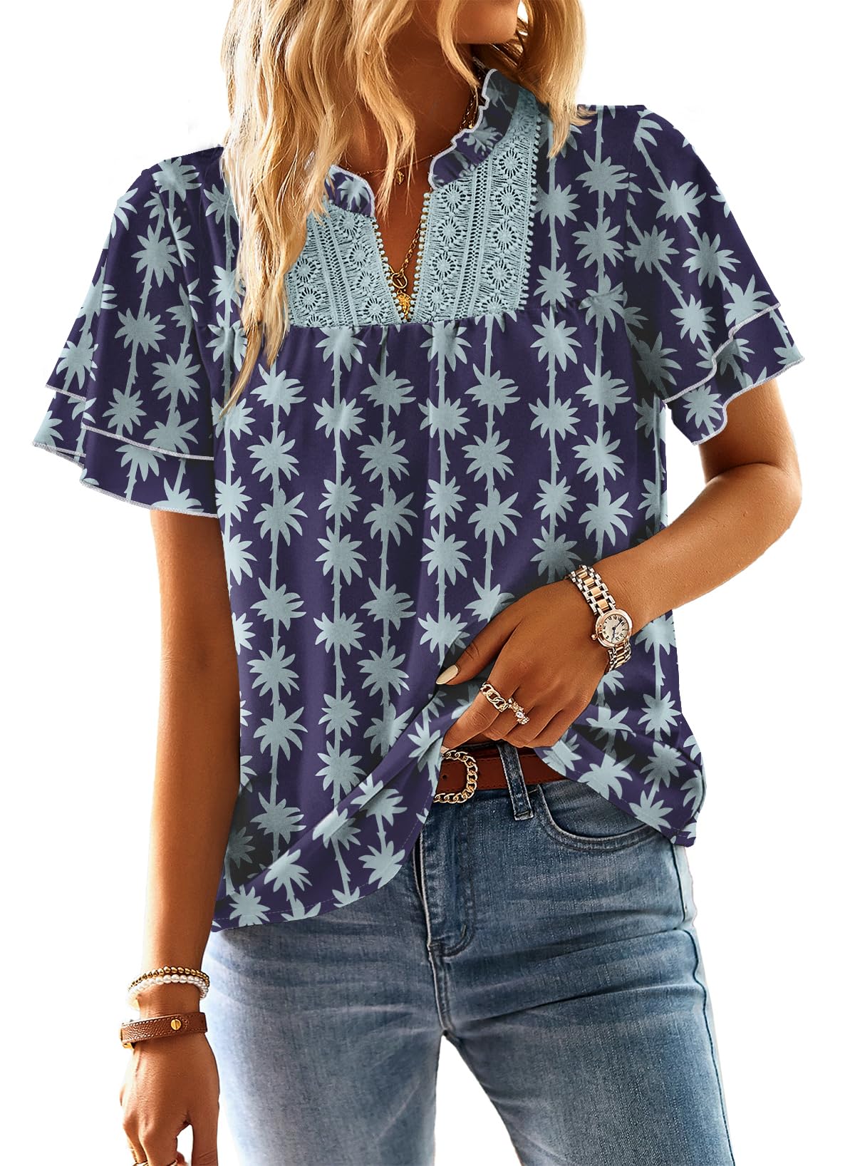 Falechay Womens Tops Boho Flowy Shirts Dressy Casual Short Sleeve Blouses | V Neck Loose Fit Blouses, Business Work, Hide Tummy, Lace Ladies Summer Outfits, Swiss Dot, Babydoll Crochet Clothes XS-6XL