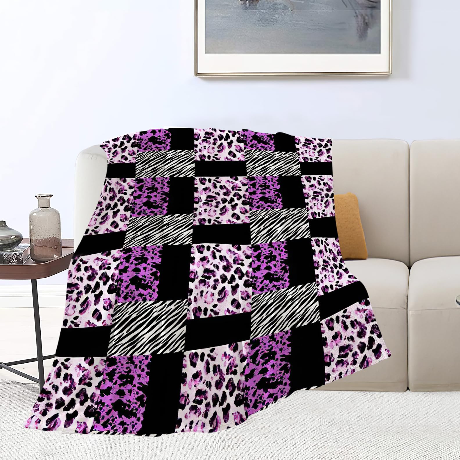Feorafei Women's Cheetah Blanket Purple Pink Leopard Queen Print Throw Blankets For Couch Sofa Bed Stuff Decor Lightweight Soft Cozy Fleece Plush Warm Flannel Bedding Blanket Gifts For Girls Adults Baby 50"X60"