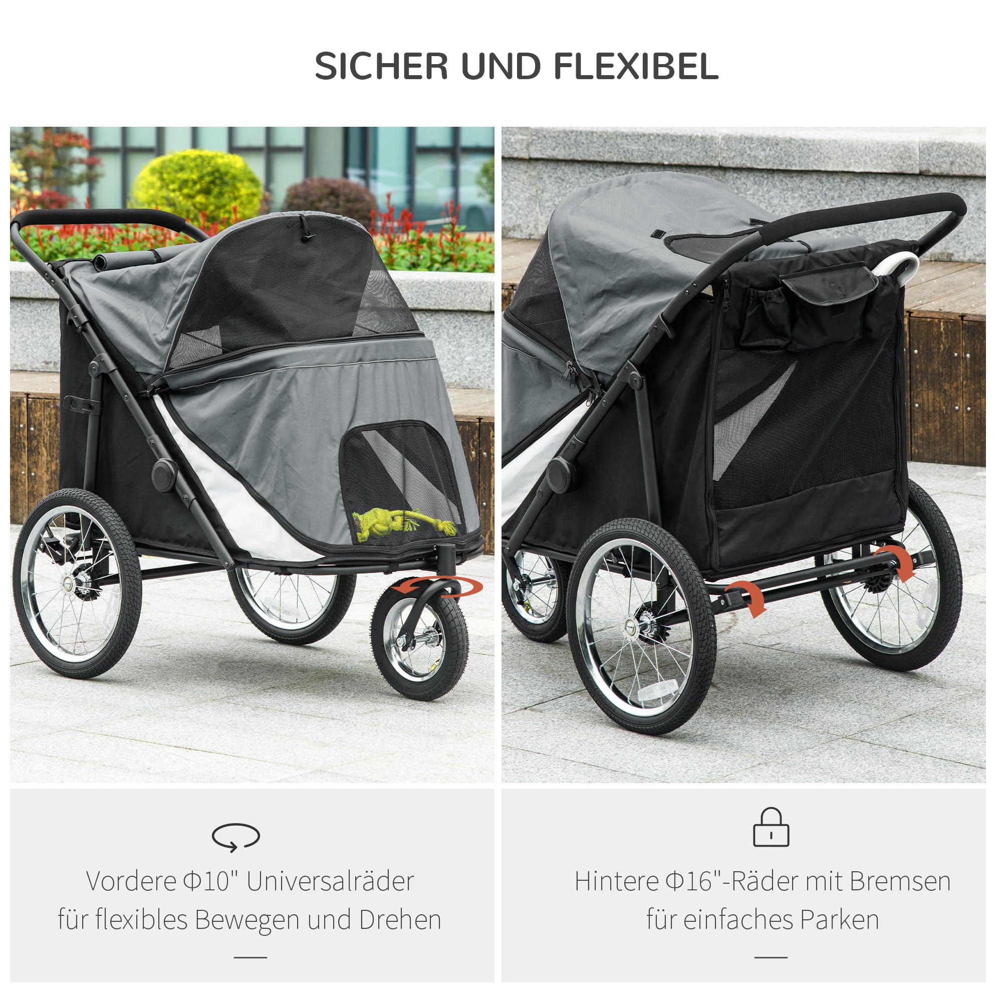 PawHut Passeggino per cani con finestre a rete fino a 30 kg grigio | Passeggino pieghevole per gatto con guinzaglio di sicurezza, grandi ruote in gomma, tessuto Oxford.