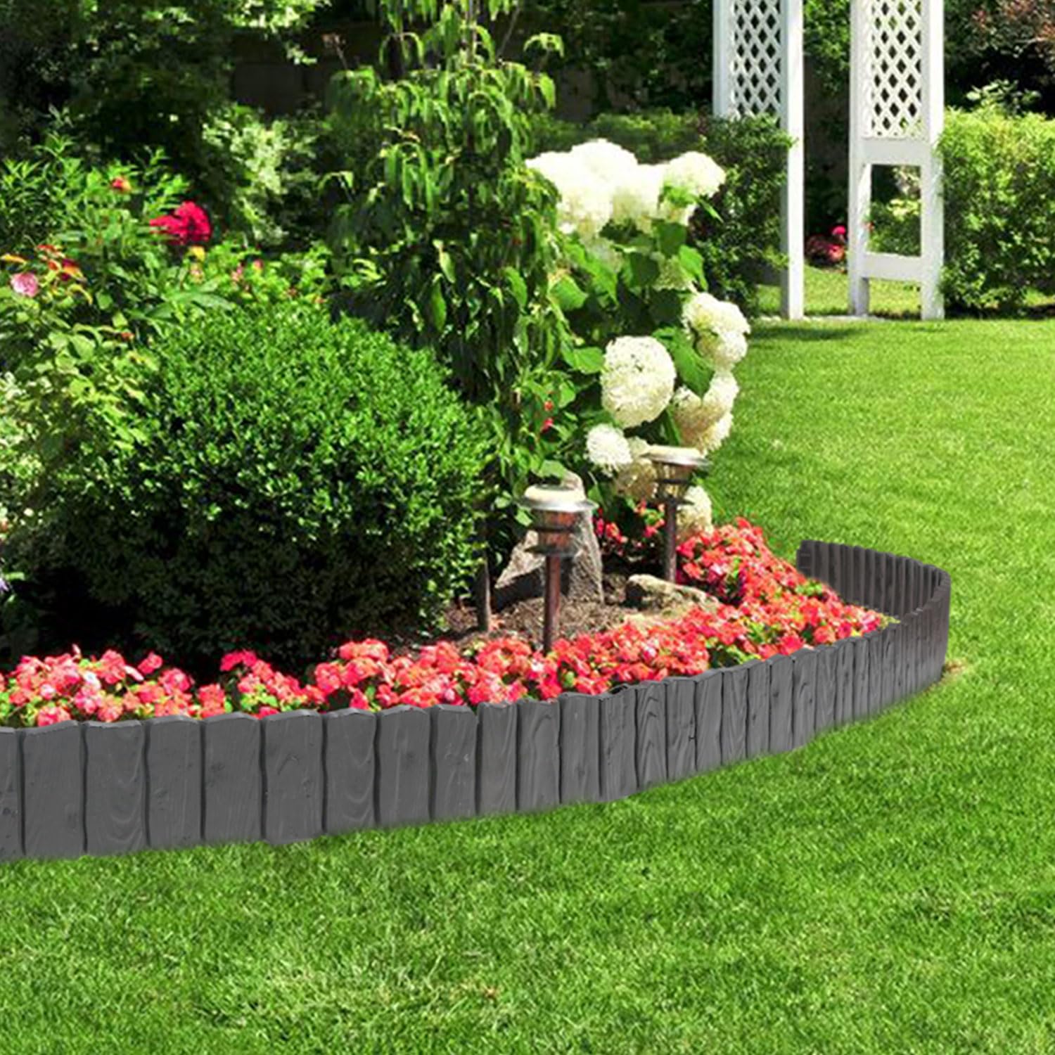 Kunststoff Rasenkante 15.96M Holz Optik Garden Border aus Polypropylen Anthrazit 28 Stück Palisade Beetumrandung Rasenkante Beeteinfassung 1 Element LxH: 57x21 cm