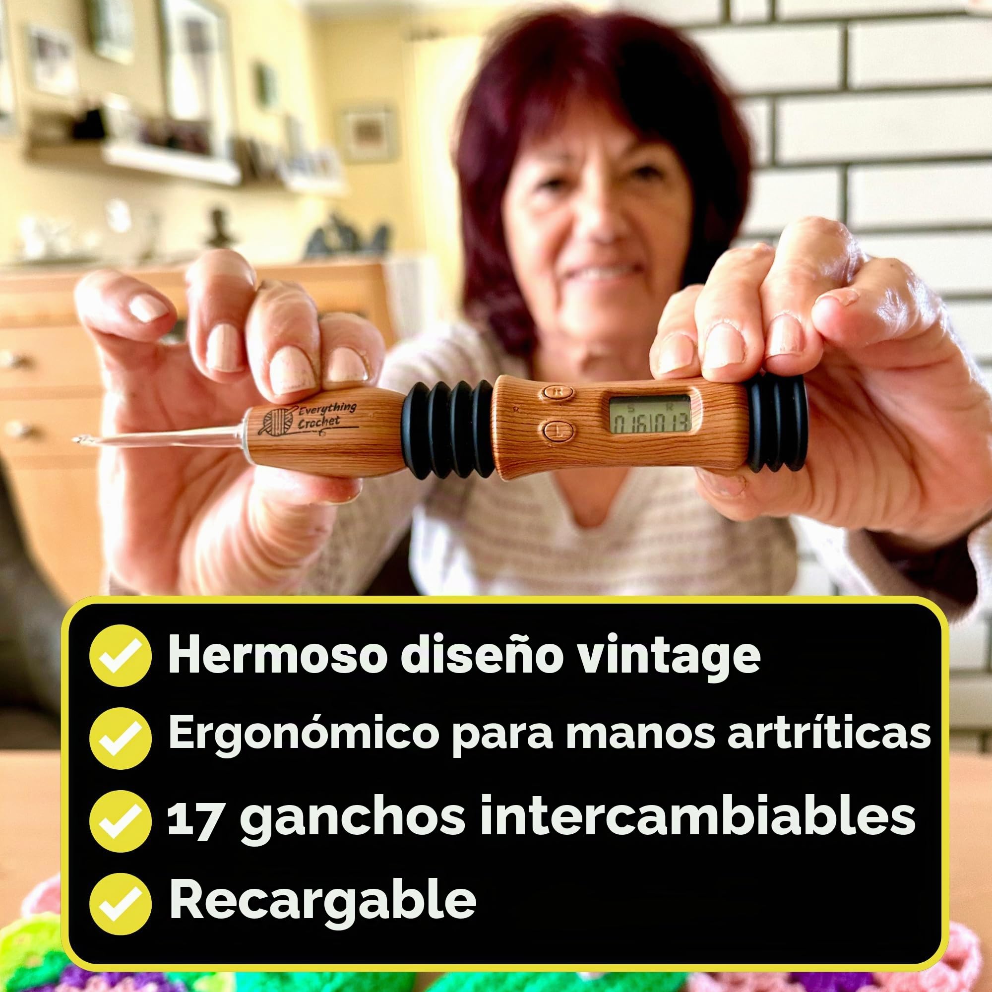 Everything Crochet Juego de agujas de ganchillo vintage con luz y contador - Ergonómico para manos artríticas - Iluminación, puntada digital y contador de filas - Kit de ganchos intercambiables de 17