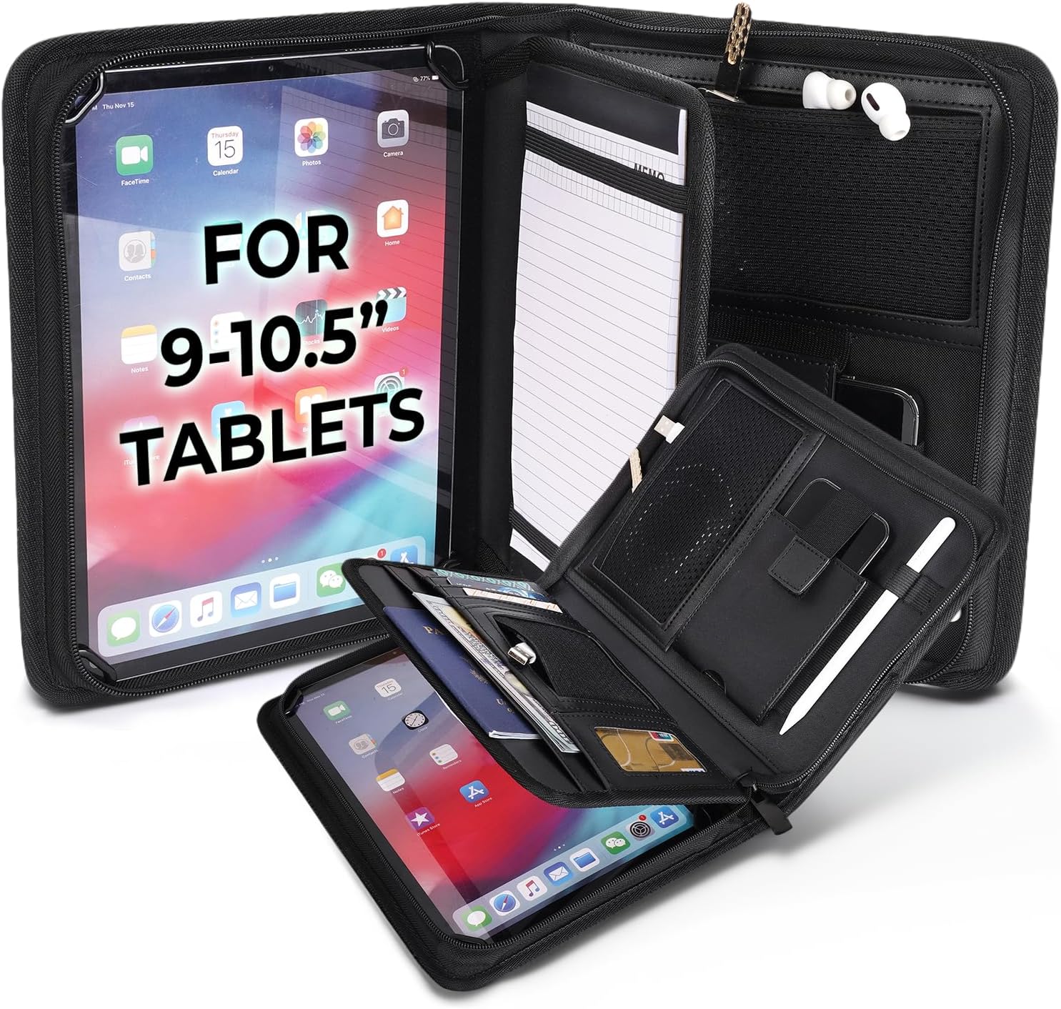 BizMate PRO Zippered Portfolio Organizer with 9-10.5" Conference Folder/Padfolio Tablet Holder, A5 Notebook | Multiple Pockets, Leather Finish, Eco-Mailer