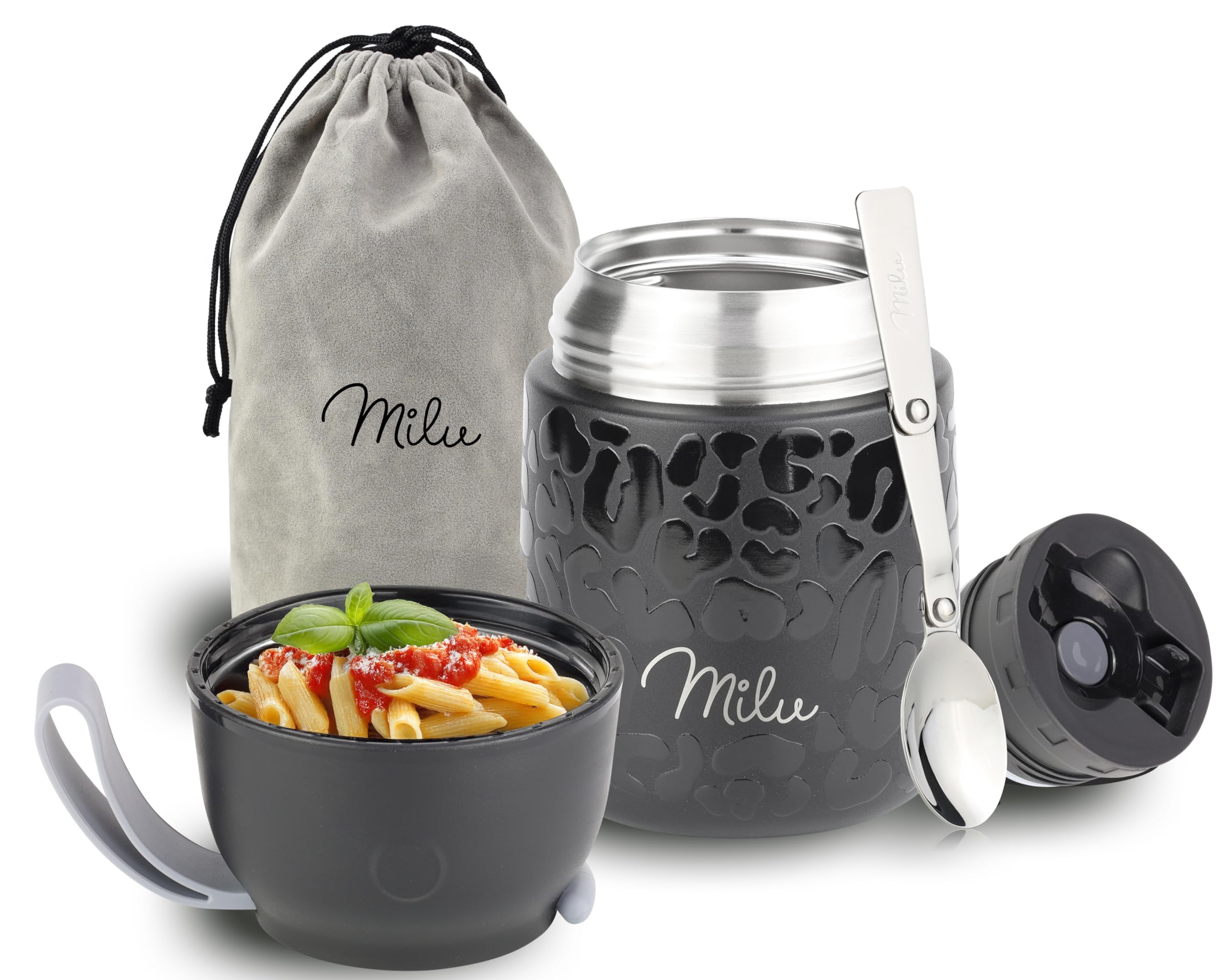 Milu® Thermo Food Flask 450ml - Stainless Steel Insulated Container - Lunchbox - Jar with Spoon for hot and Cold Food (Black Leopard, 450ml)