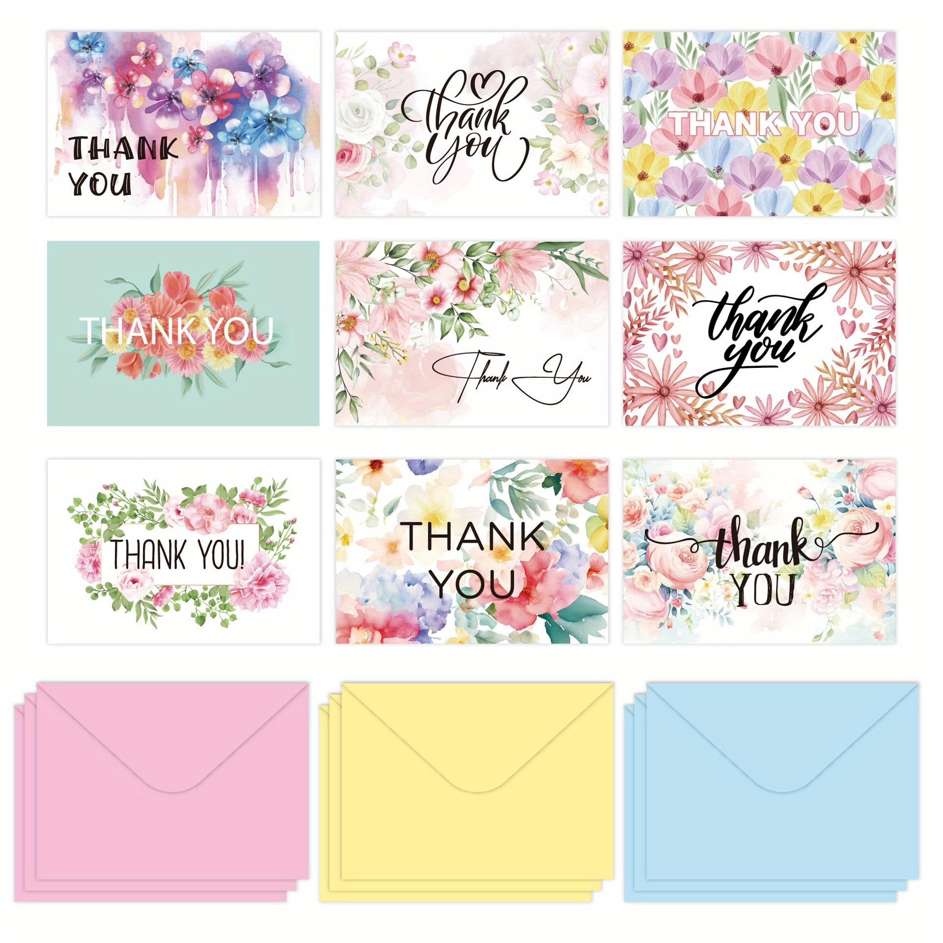 36 Pcs Thank You Cards Assortment, Colorful (18 Cards with 18 Envelopes) for Graduation, Birthday, Set 9 Designs Greeting Note Cards for Wedding, Baby & Bridal Shower and Business