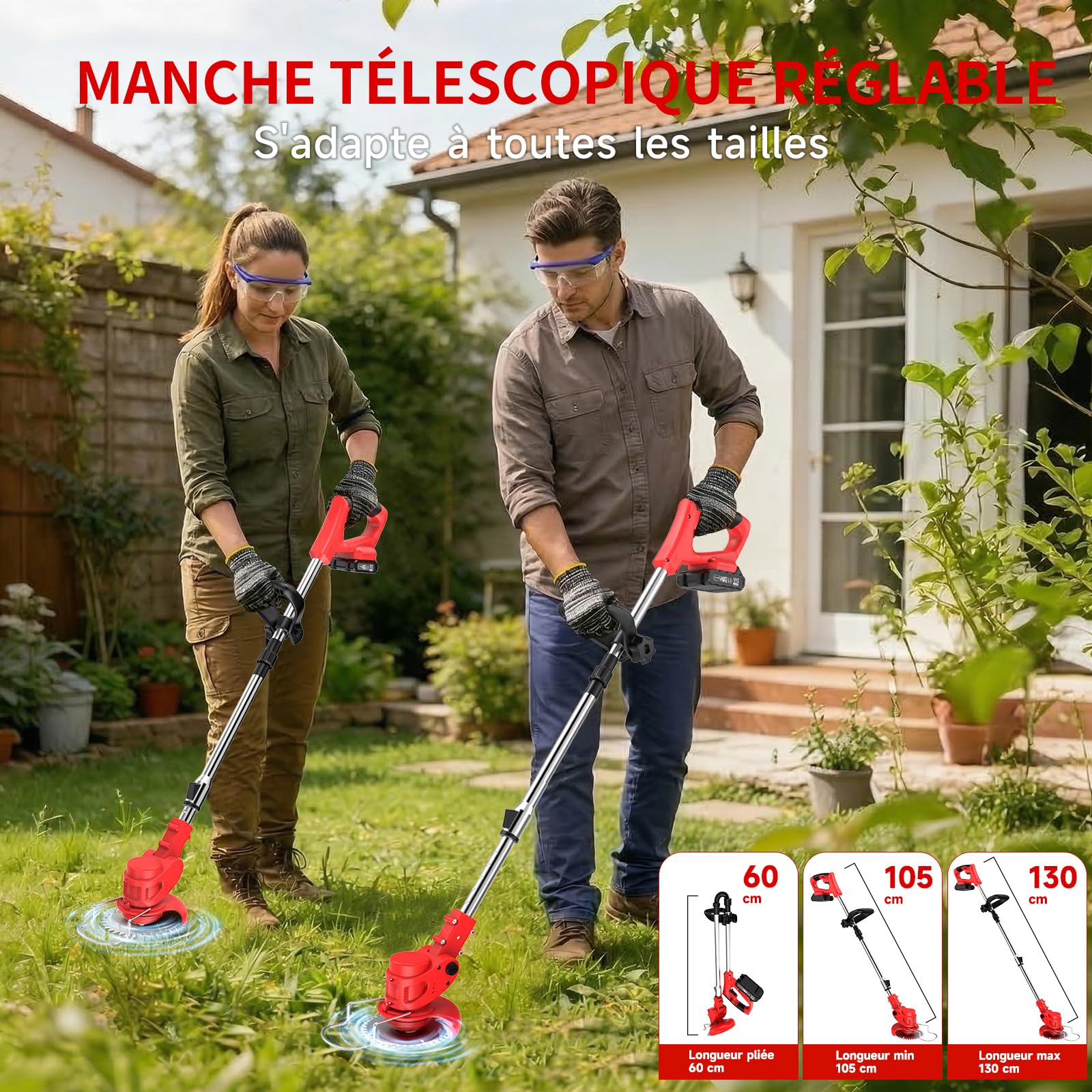 Debroussailleuse Electrique sans Fil 850W Rotofil Batterie 1.8kg Pliable 60cm Manche Telescopique 2X 2000mAh 26 Lames 4 Types pour Entretien Jardin (Rouge Velours)