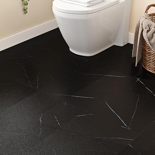 Livelynine 16pcs Black Marble Floor Tiles Peel and Stick Waterproof 12x12" Blue 