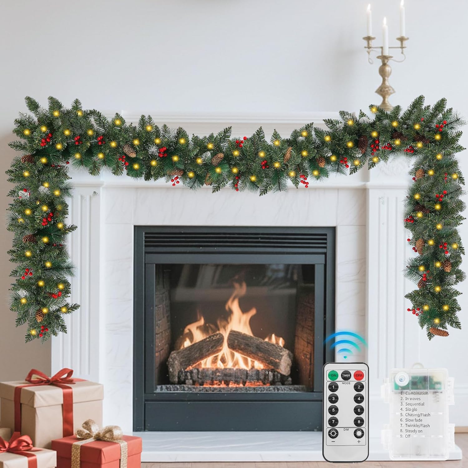 9 FT Christmas Garland with Lights, Battery Operated Prelit Green Garland Tree with Pine Cones Red Berries & 50 Lights, Realistic Artificial Decoration for Mantle Stairs Railing Fireplace Outdoor