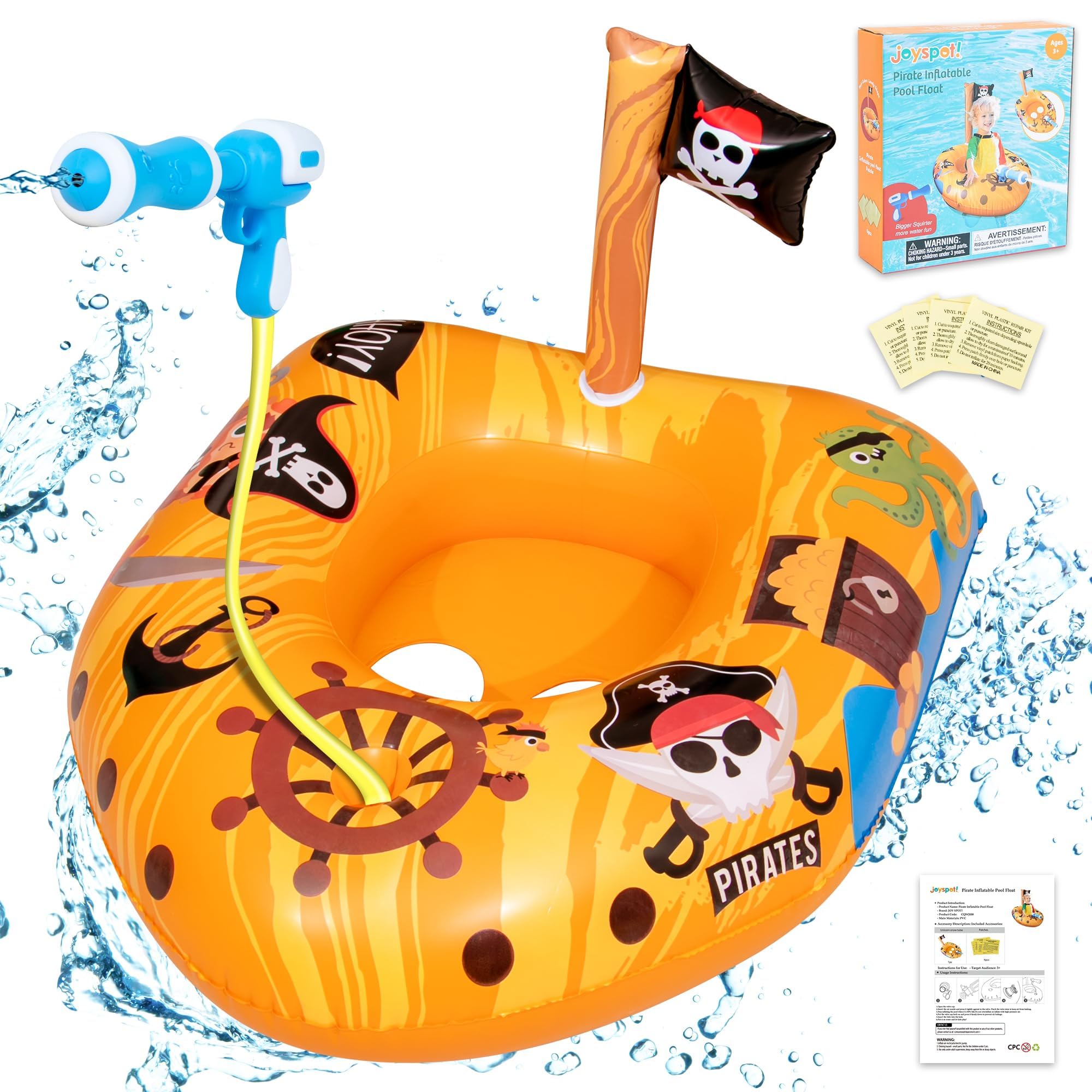 Pool Schwimmring Baby, Piraten schlauchboot Kinder mit Wasserpistole, Aufblasbarer Schwimmtiere für Pool Schwimmbad Spielzeug, Strand Party Wasserspielzeug für Kleinkind Jungen 3-8 Jahre