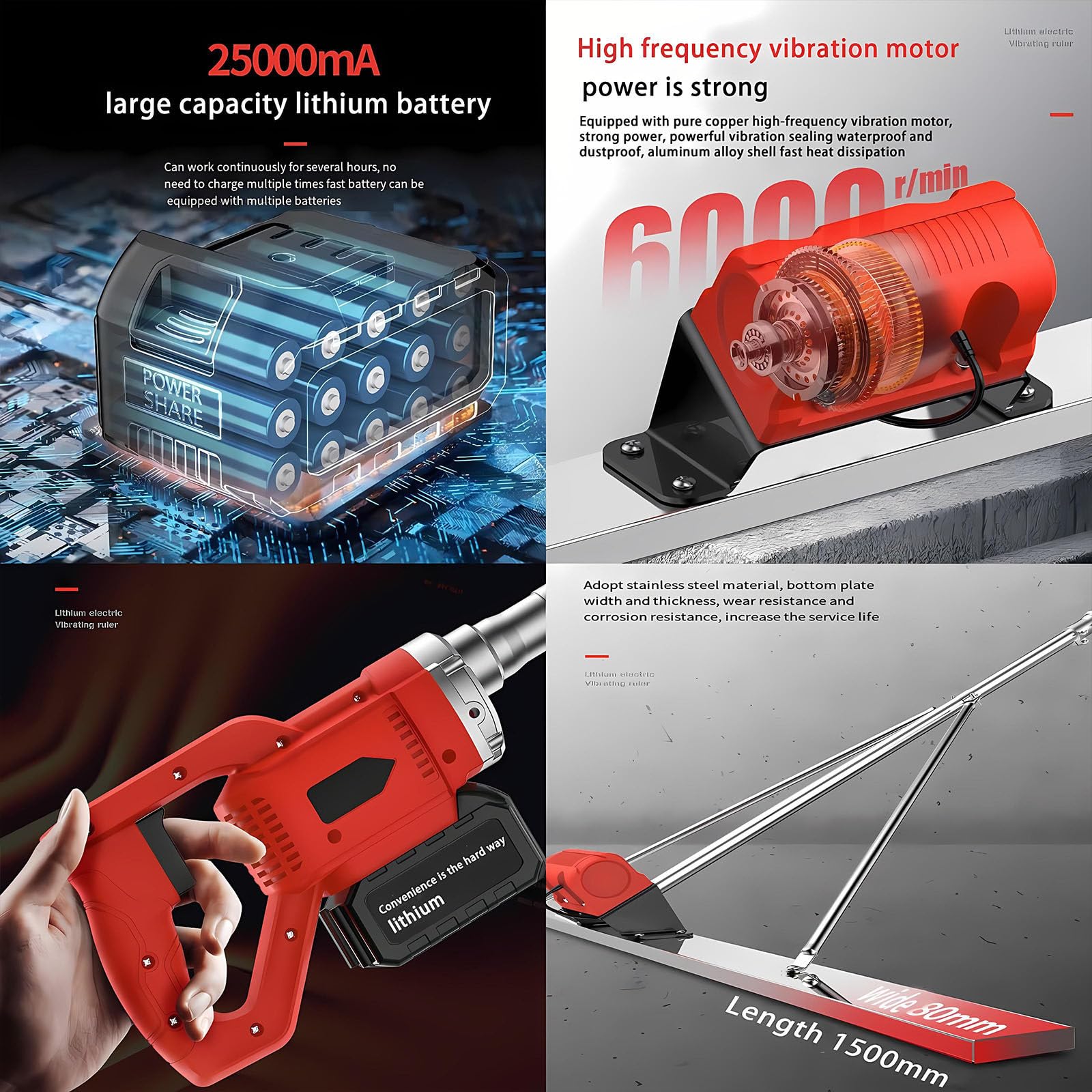 Regla Vibrante Eléctrica para Hormigón, Motor Brushless De Cobre, 2 Baterías De Litio 25000mA, Nivelador De Hormigón Profesional, Motor De Alto Rendimiento TwoMotor1.8M