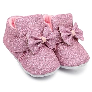 Neska Moda 6 To 12 Months Baby Girls Cotton Hook & Loop Bow Booties (Pink)-BT1767