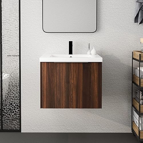 Miniatura 4 de Pvillez Juego de tocador de baño de 24 pulgadas con lavabo, juego de armario de baño montado en la pared con lavabo de gel y puerta de gabinete de