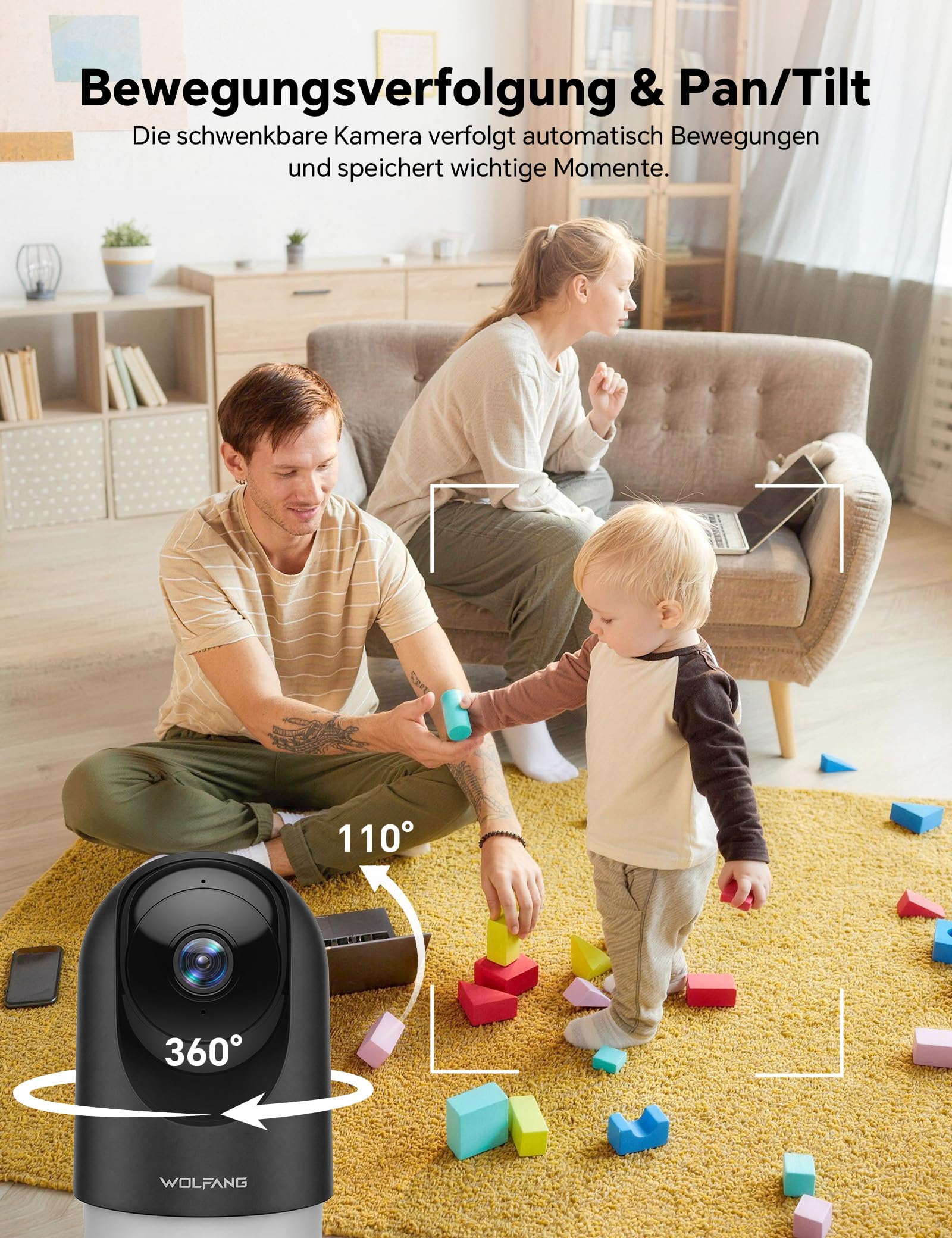 WOLFANG Überwachungskamera Innen 2K, WLAN Kamera Innen mit 360° PTZ, Auto-Tracking & Nachtsicht, Hundekamera mit 2-Wege-Audio, Kompatibel mit Alexa & Google Home