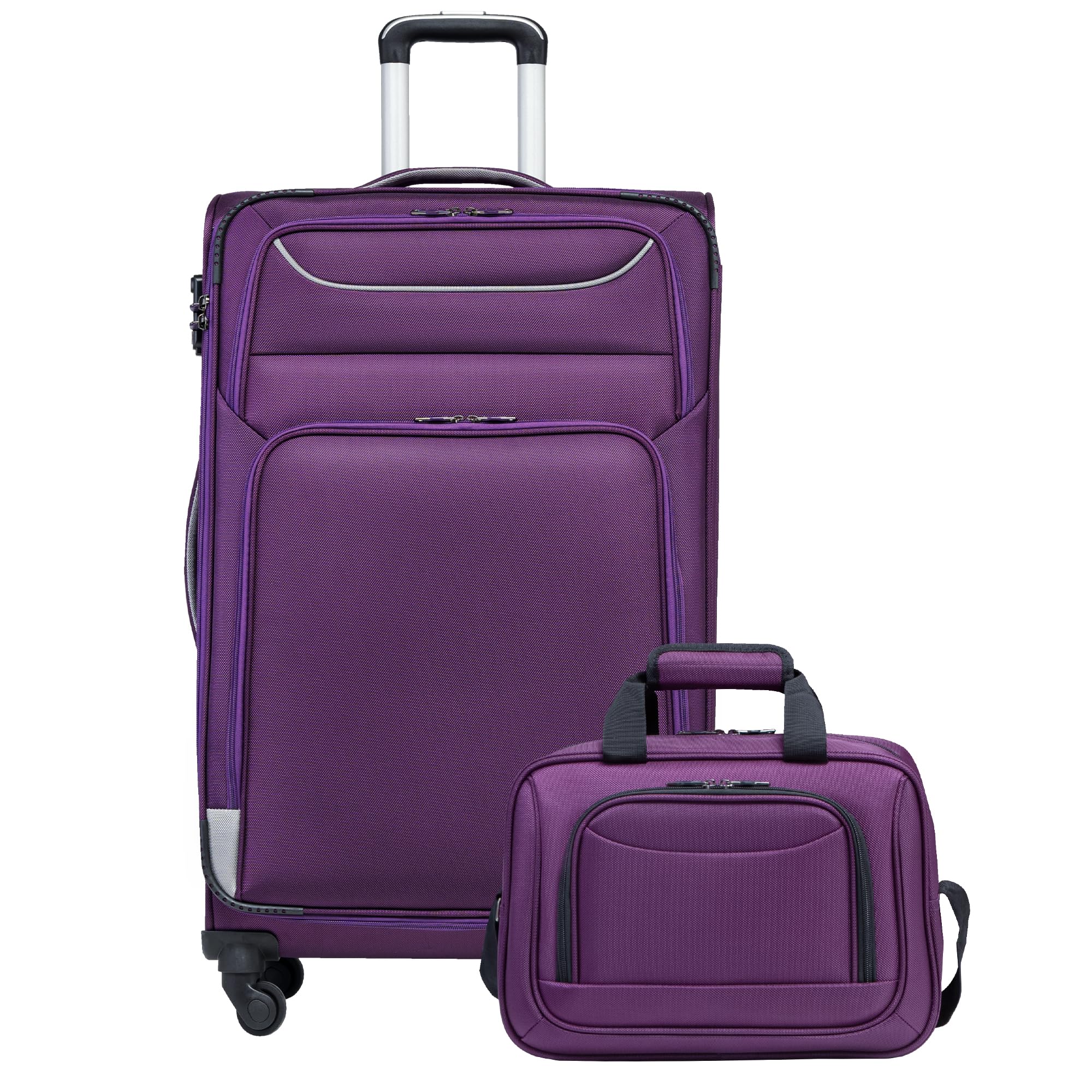 COOLIFE Koffer Trolley Koffer Reisekoffer von 4 Rollen Stoffkoffer Handgepäck TSA-Schloss Der Koffer Enthält 1 Große Umhängetasche (Großer Koffer-Set 2tlg, lila+Silber)