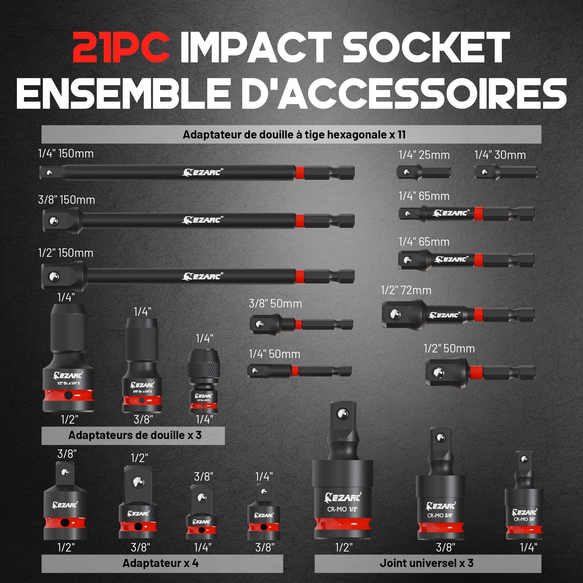 Image secondaire de EZARC Lot de 21 Adaptateurs de Douilles à Choc pour Réparation Automobile