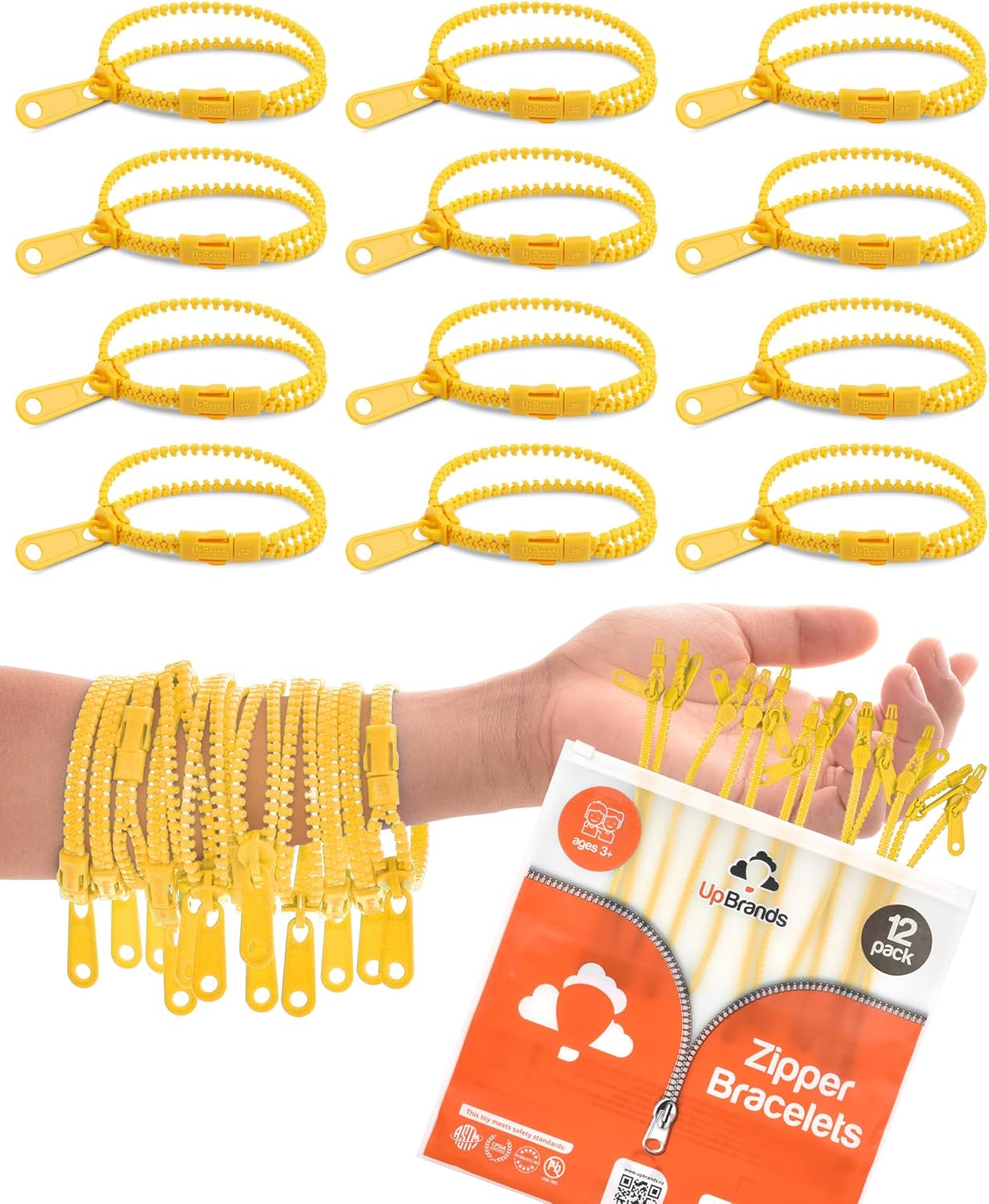 UpBrands 12 Pack YELLOW 7-Inch Zipper Bracelets – Fidget Party Favors for Kids – Bulk Bracelets for Kids – Fidget Bracelet for Anxiety – Perfect for International Friendship Day & World Kindness Day