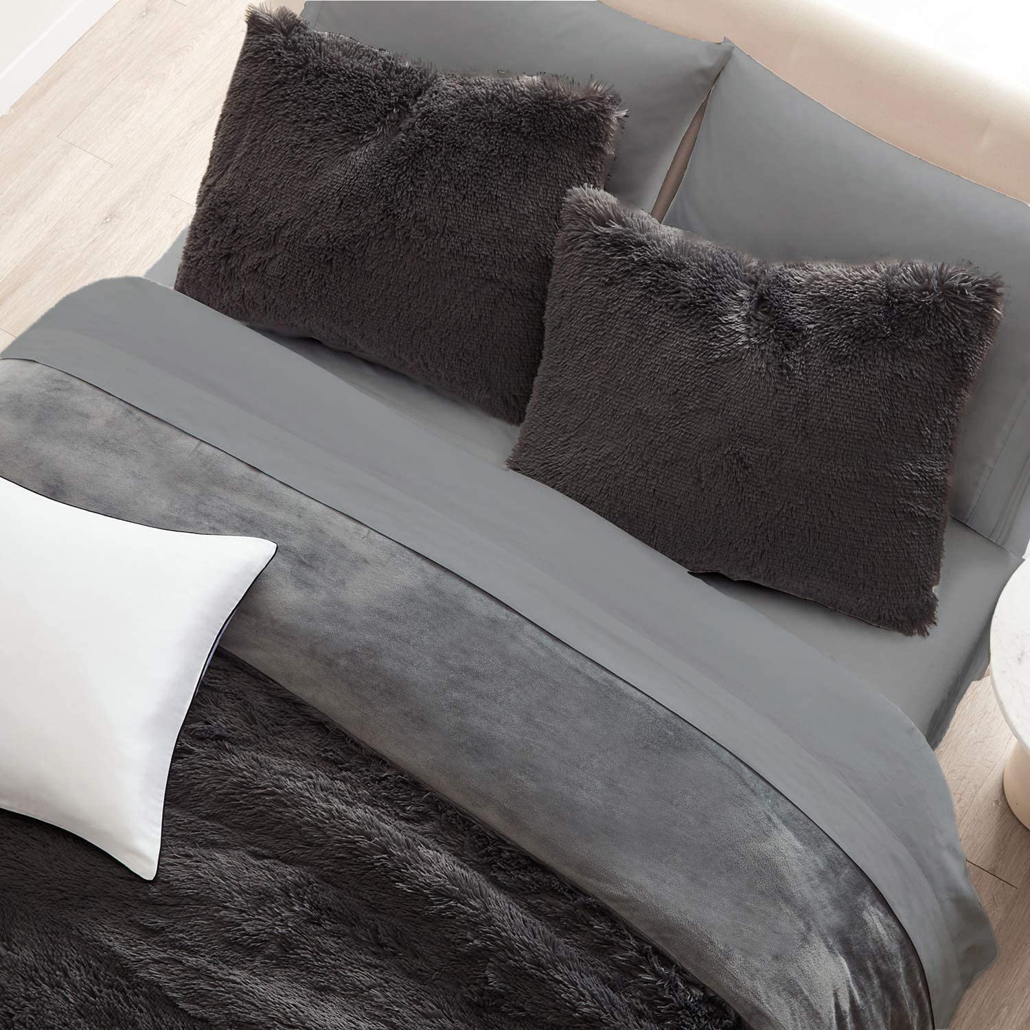 Mellanni Bed Sheet Set + Fluffy Duvet Cover Set Bundle&Save - Bundle Includes: 4pcs Bed Sheet Set and 3pcs Shaggy Duvet Cover Set (Queen, Gray)