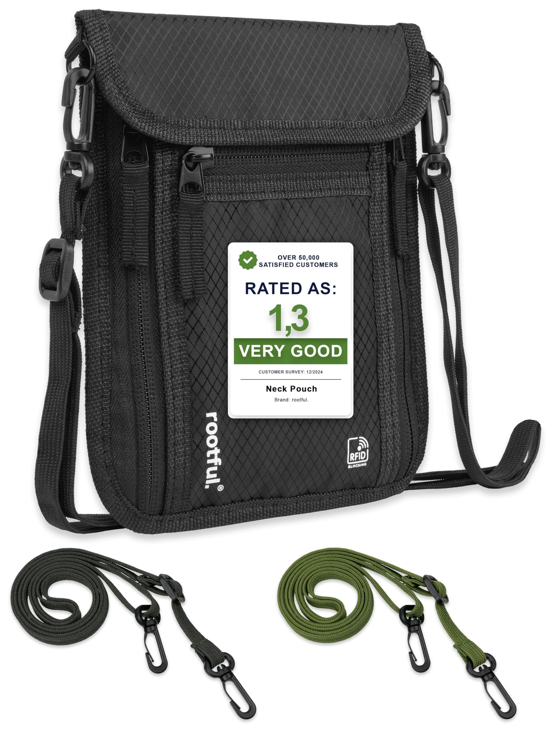 rootful.® Portadocumentos de Viaje RFID – Cartera de Cuello Impermeable con Correa Ajustable, para Pasaporte, Documentos, Dinero, Smartphone y más, con 6 Bolsillos para Hombre y Mujer