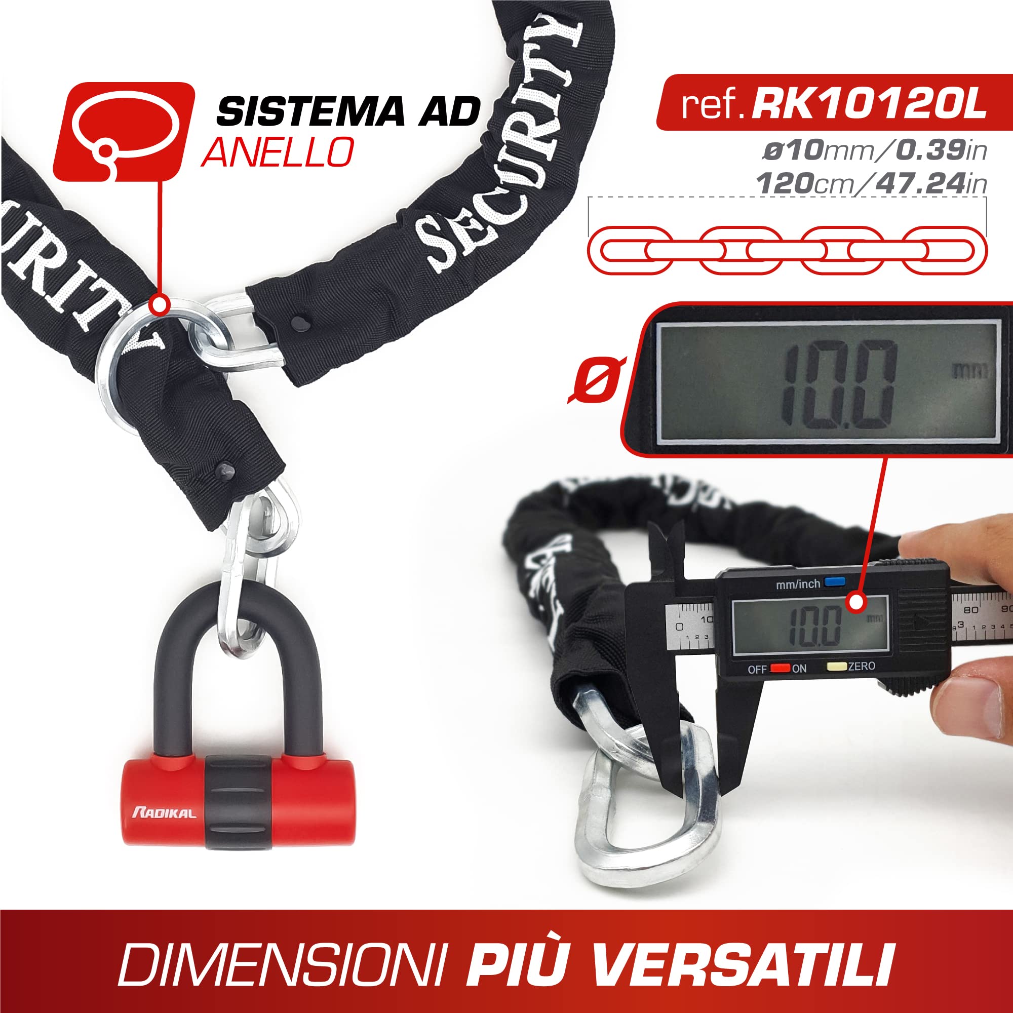 Radikal RK72120L Antifurto Moto Doppia Funzione 2 in 1 Catena Sistema ad Anello 120 cm e Mini U 14mm blocca Disco