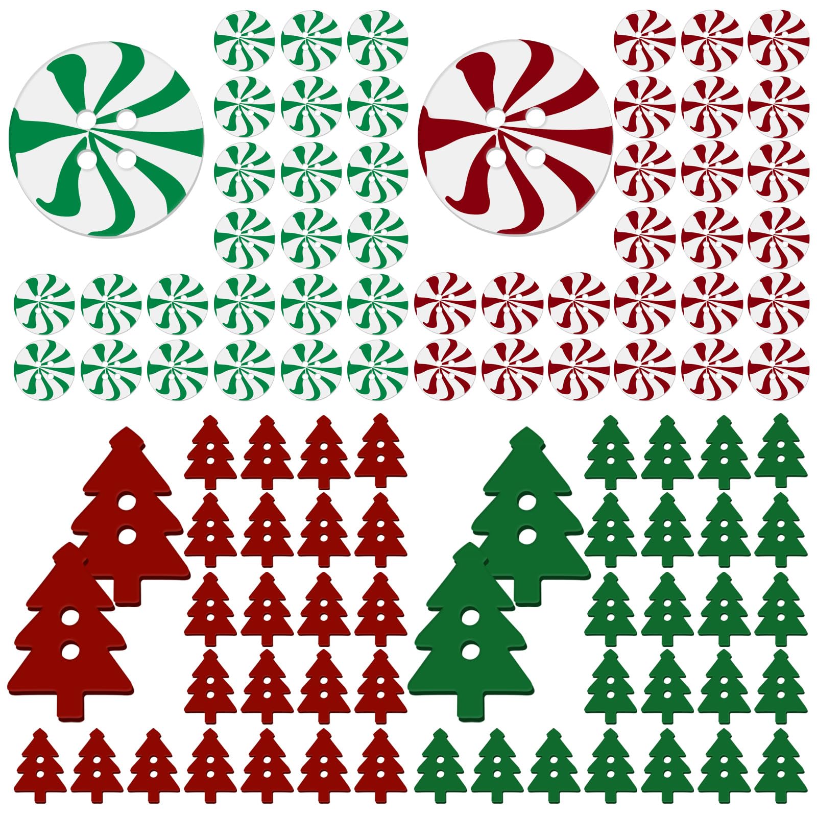 100Pcs Christmas Decorative Buttons for Clothes, Festive Candy & Tree Shaped Sewing Wooden Buttons for Clothing Decoration, DIY Ornaments and Holiday Crafts (Red and Green)