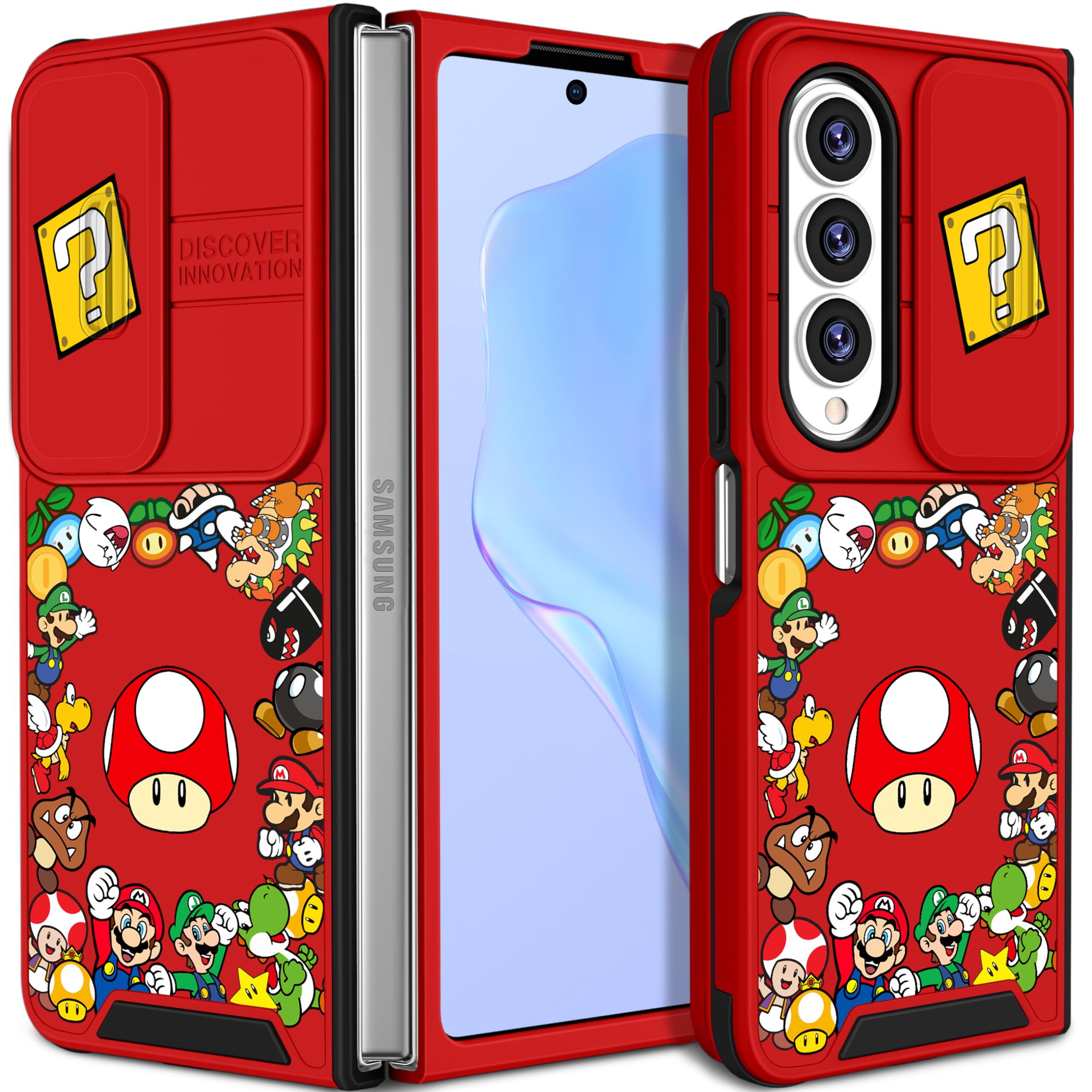 Oqplog for Samsung Z Fold 4 Case with Camera Cover & Ring Holder, Cute Cartoon Z Fold 4 Case for Women, Matte Pink