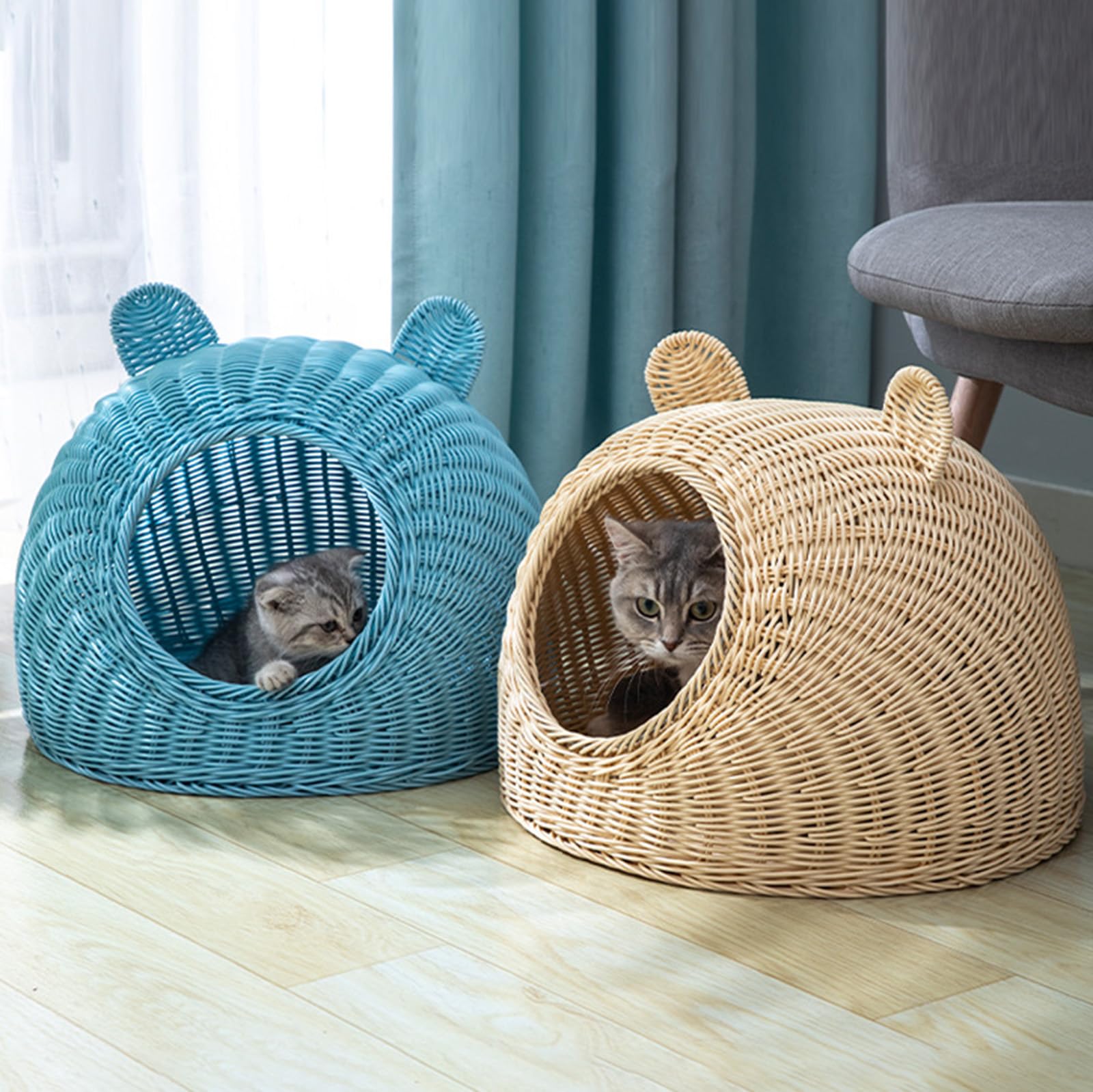 Cuccia Per Gatti in Plastica Di Vimini Per Gatti Domestici, Cuccia Per Con Orecchio Di Gatto Carino Grotta Tessuta A Mano Semichiusa Per Gatti in Rattan,Beige,29cm