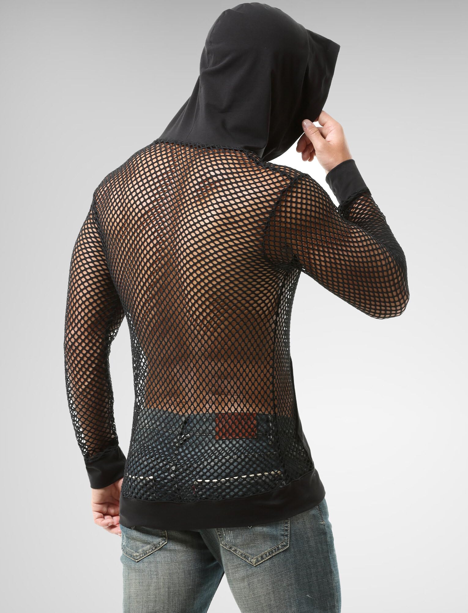 FEOYA Maglia da uomo a rete trasparente con cappuccio in rete per allenamento