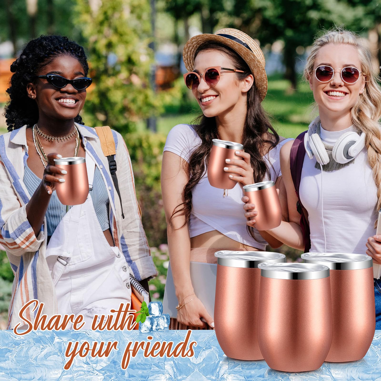 Sieral Isolierte Weingläser aus Edelstahl, 340 ml, mit Deckel und Strohhalmen, doppelwandig, Vakuum-Kaffeebecher für Hochzeit, Party, Mitarbeiter, Lehrer, Krankenschwester, Geschenke, Roségold, 40