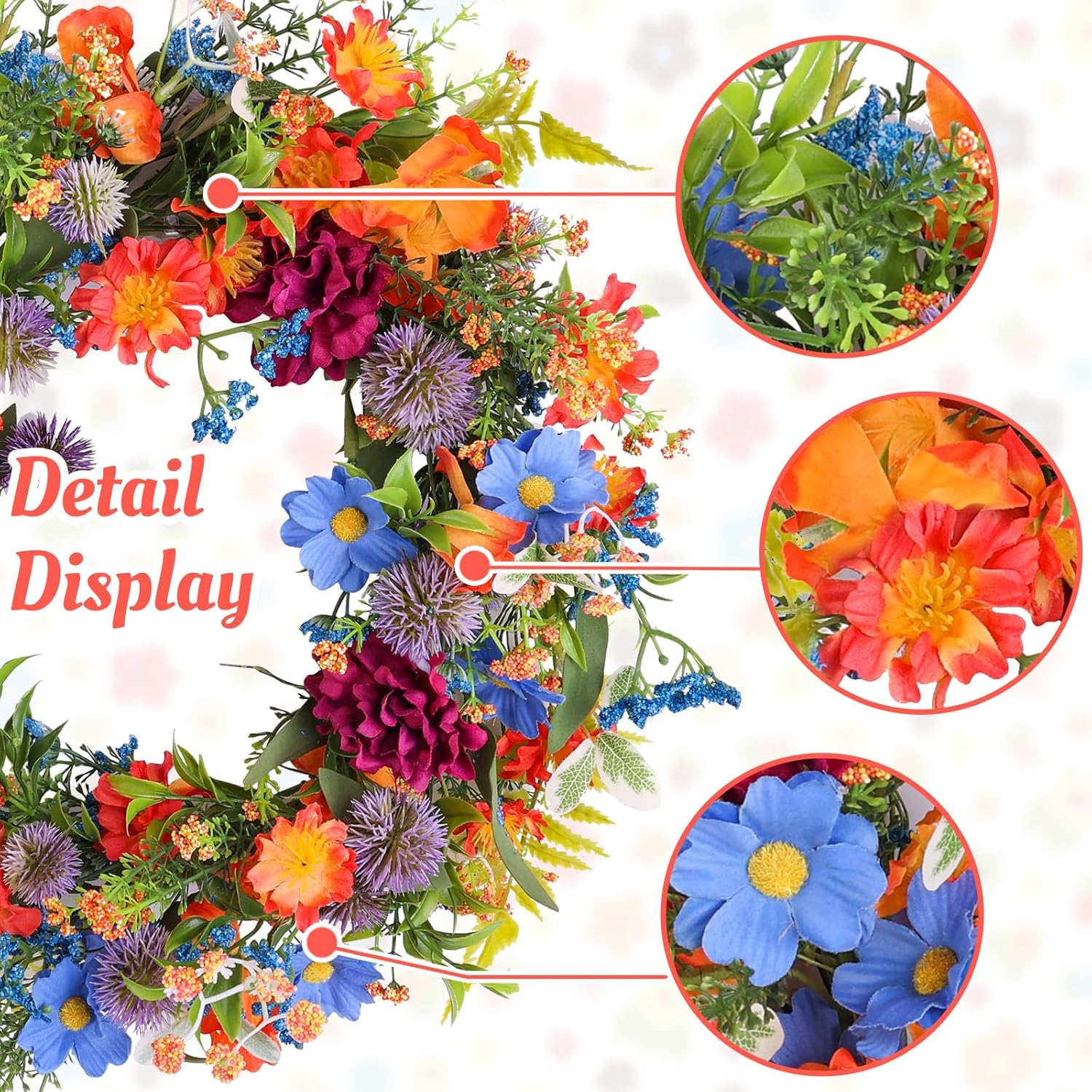 20" Colorful Wildflower Spring Summer Wreath with Green Leaves, Floral Artificial Wreath for Front Door Home Wall Wedding Farmhouse Holiday Outdoor Indoor Décor (Orange)