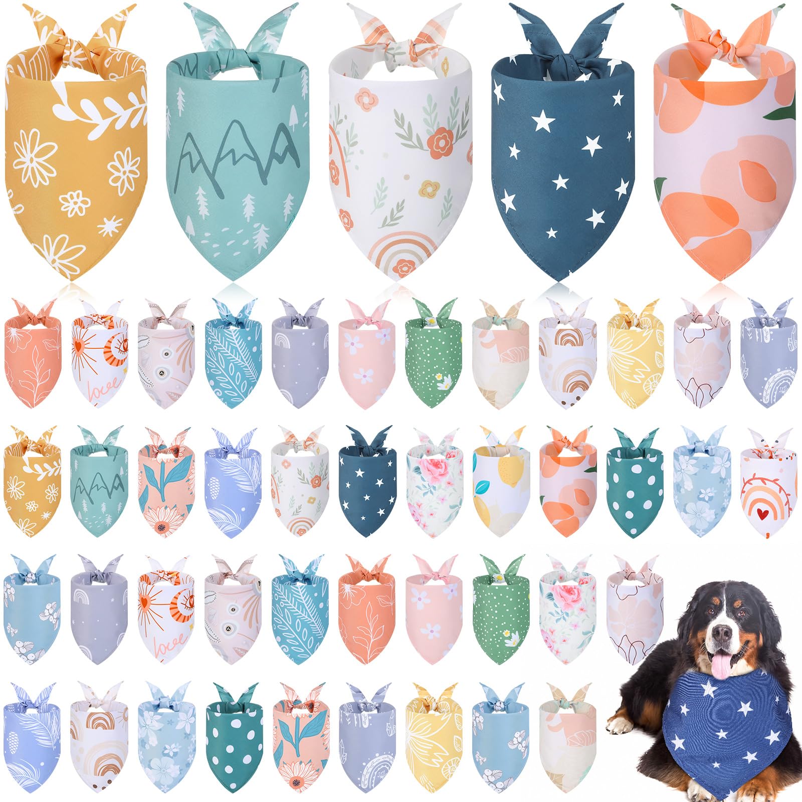 Amylove 50 Pcs Spring Dog Bandanas Bulk Puppy Floral Dog Bibs Holiday Washable Scarf Pets Triangle Head Scarfs Bandanas Pet Costume Outfit(Flower,