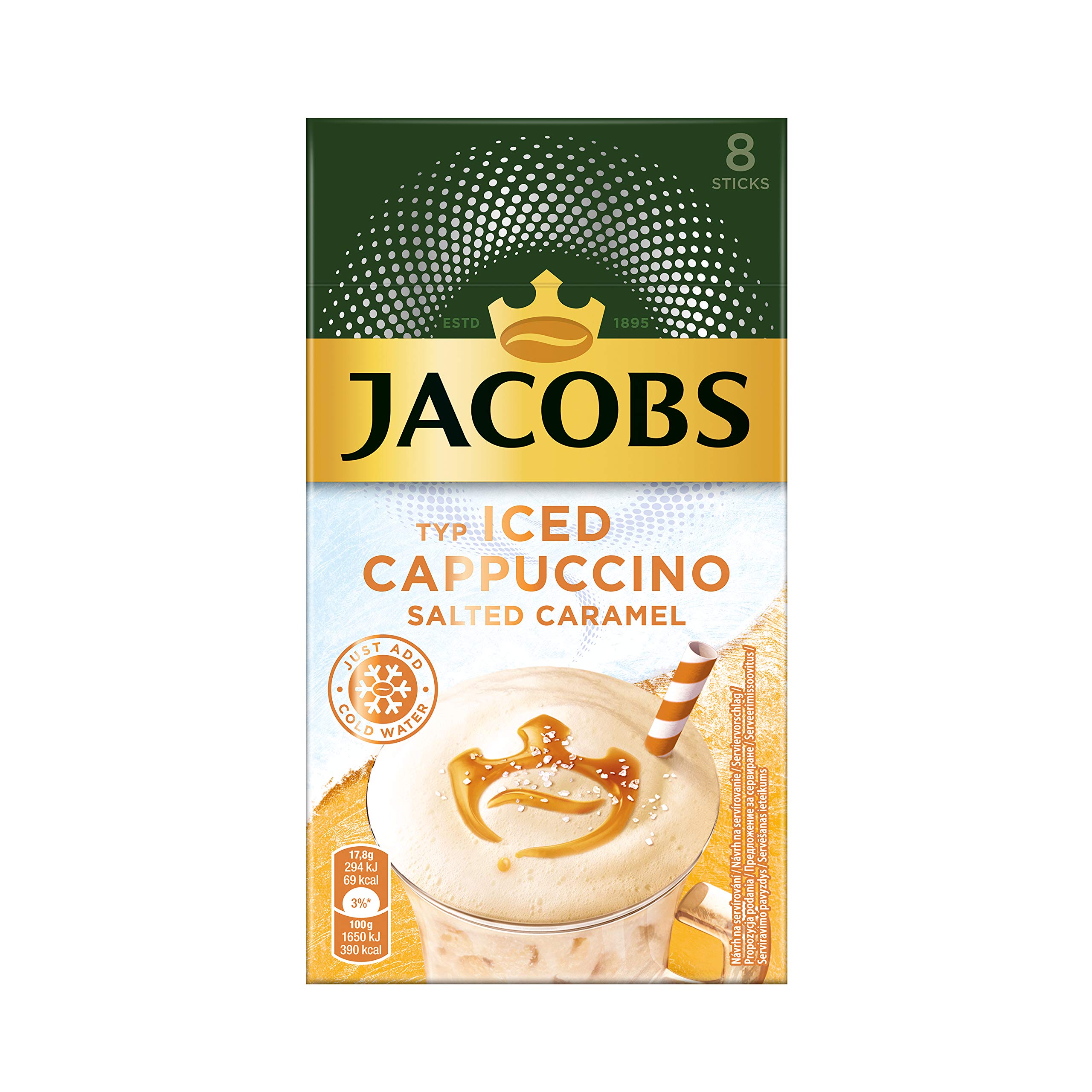 Jacobs Iced Cappuccino Salted Caramel, 80 pałeczek z kawą Instant Caffee, 10 x 8 napojów, 142 g