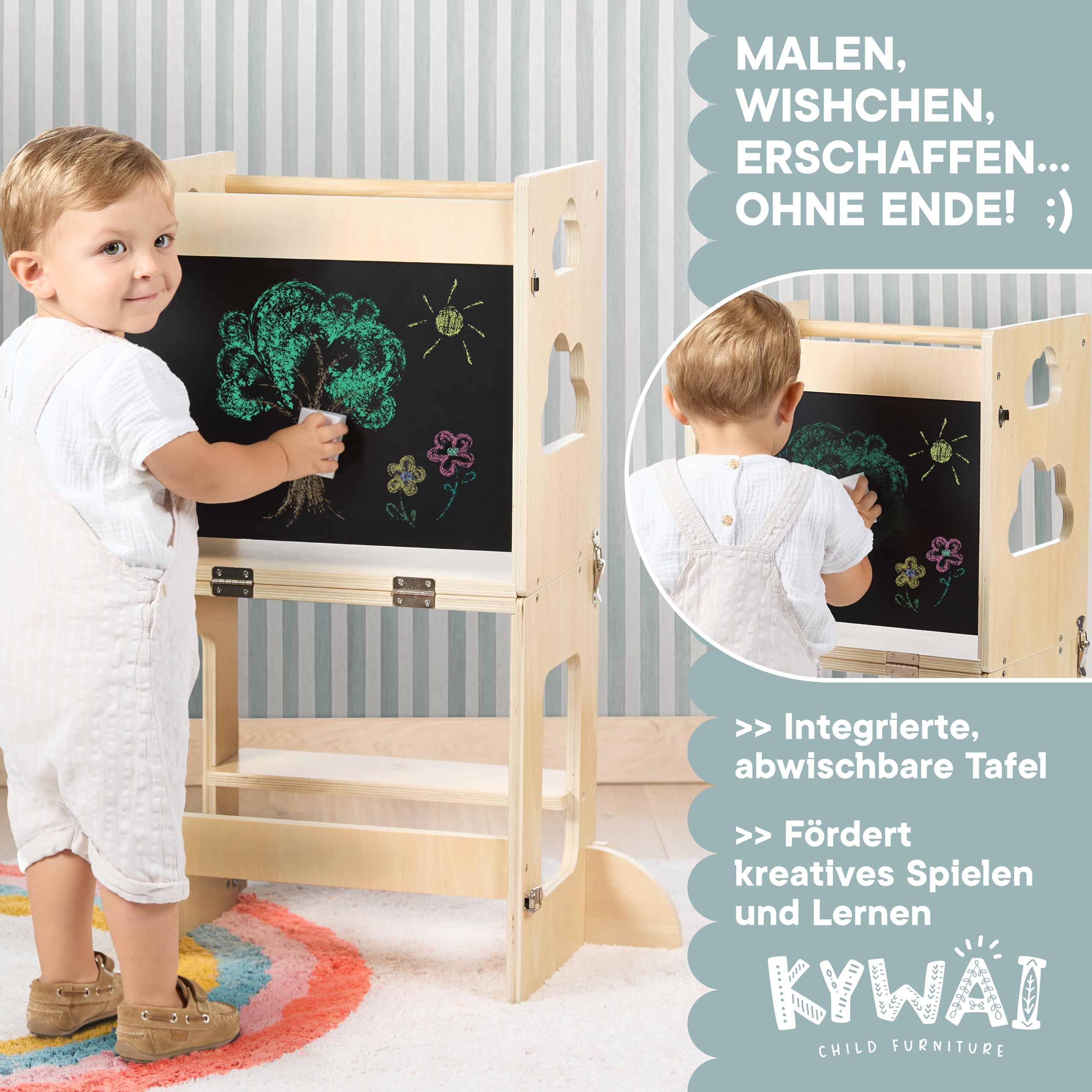 Lernturm ab 1 Jahr Klappbar mit Tafel – 3-in-1 Montessori Learning Tower, Tisch & Stuhl – Höhenverstellbar, Kippsicher, Birkensperrholz – Lernturm Kinder Küche bis 75 kg (Naturholz)
