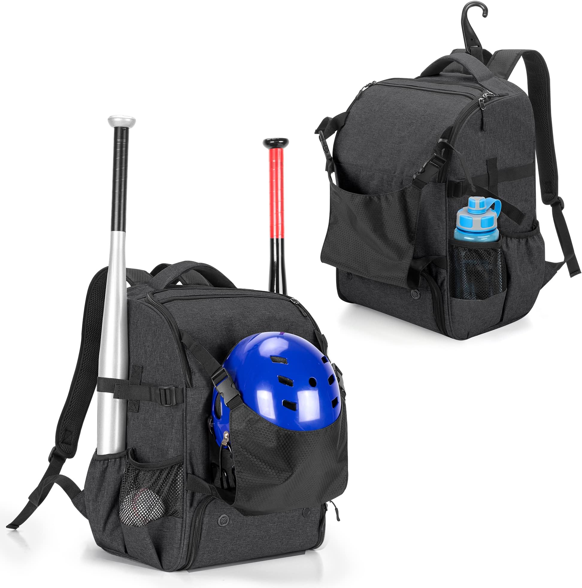 DSLEAF Baseball Bat Bag with 4 Bats Capacity, Softball Backpack with External Helmet Holder, Vented Shoe Compartment Up to Mens 13, Hence Hook and Multi Pockets for Youth and Adults