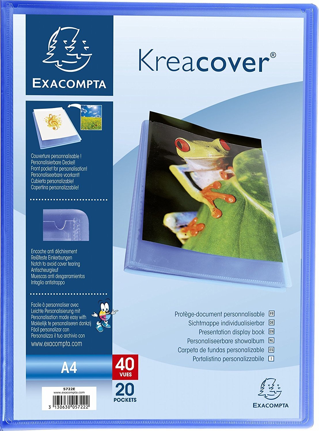 Exacompta - Réf. 5722E - 1 Protège-​documents Kreacover Chromaline - 20 pochettes cristal lisse - 40 vues - pour A4 - dim 24 x 32 cm - couverture en polypro semi-​rigide - couleur bleu