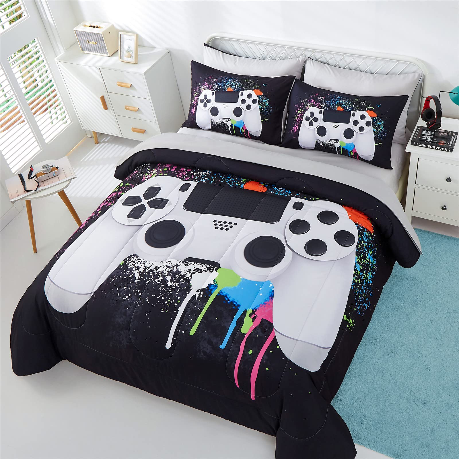 5 Piece Boys Full/Queen Gamer Comforter Set with Sheets, 3D Colorful Video Game Controller Comforter for Kids Teen, All Season Soft Microfiber Gaming Bedding Set(White,Queen) 2