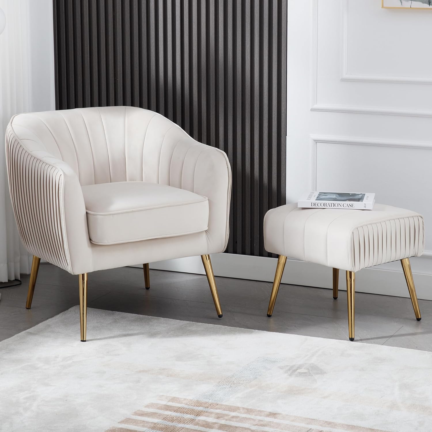 Westice Velvet Accent Chair with Ottoman Modern Reading Chair with Footrest for Bedroom Room Living Room Apartment Office Beige