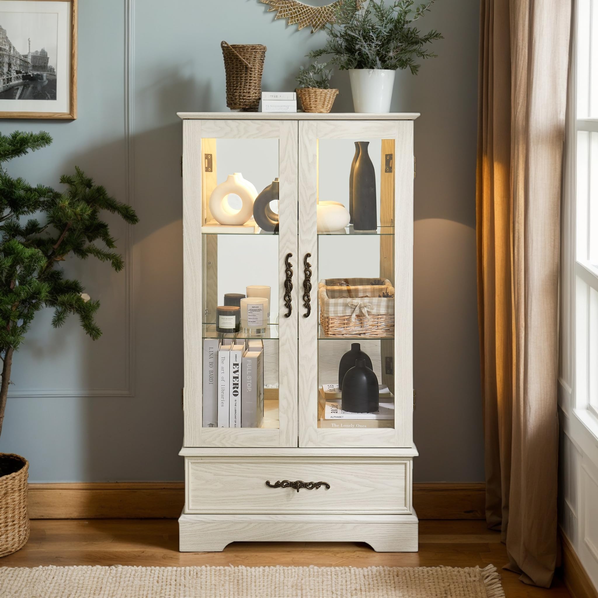 CKEASEAN Curio Cabinet 47" H Vintage Glass Display Cabinet with 3-Tier Adjustable Glass Shelves, Acrylic Mirrored Back Pane, Light Blub Included, China Cabinet for Living Room (Antiqe White)